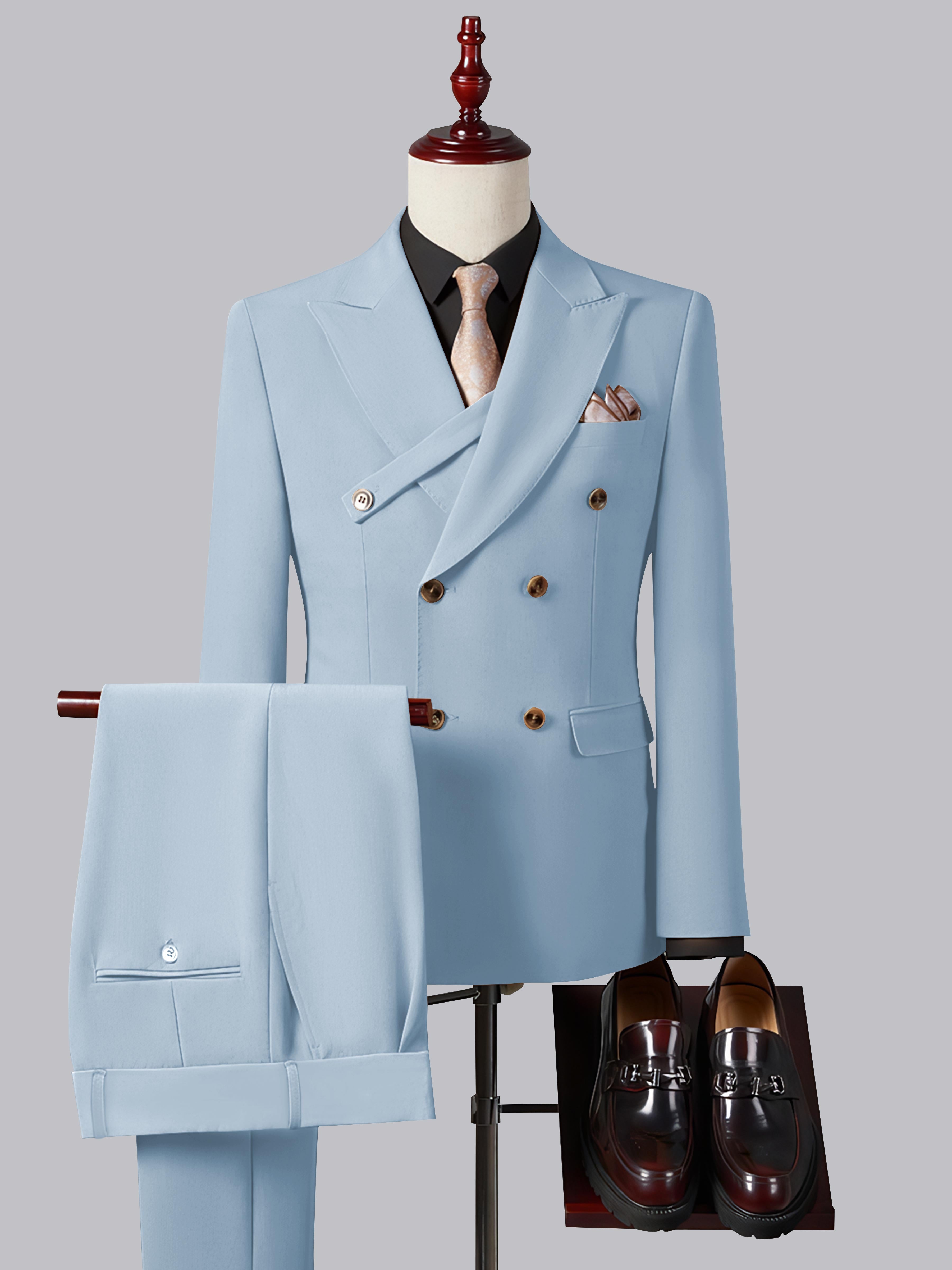 Costume Homme Ajusté Élégant Double Boutonnage Ceinturé À Revers Pointus 2 Pièces