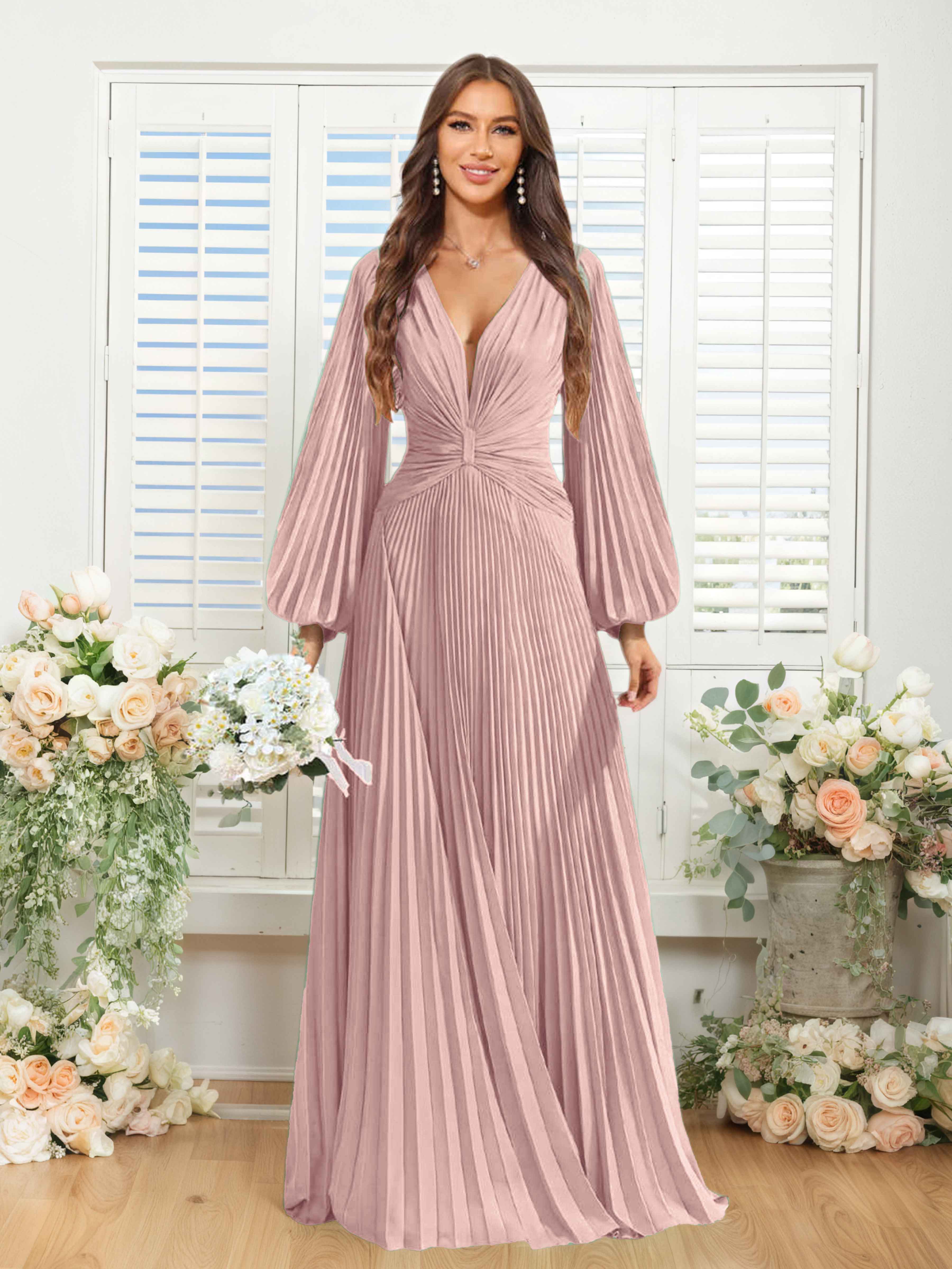Robes De Demoiselle D'Honneur En Mousseline À Col V Ruché Longue Nerys