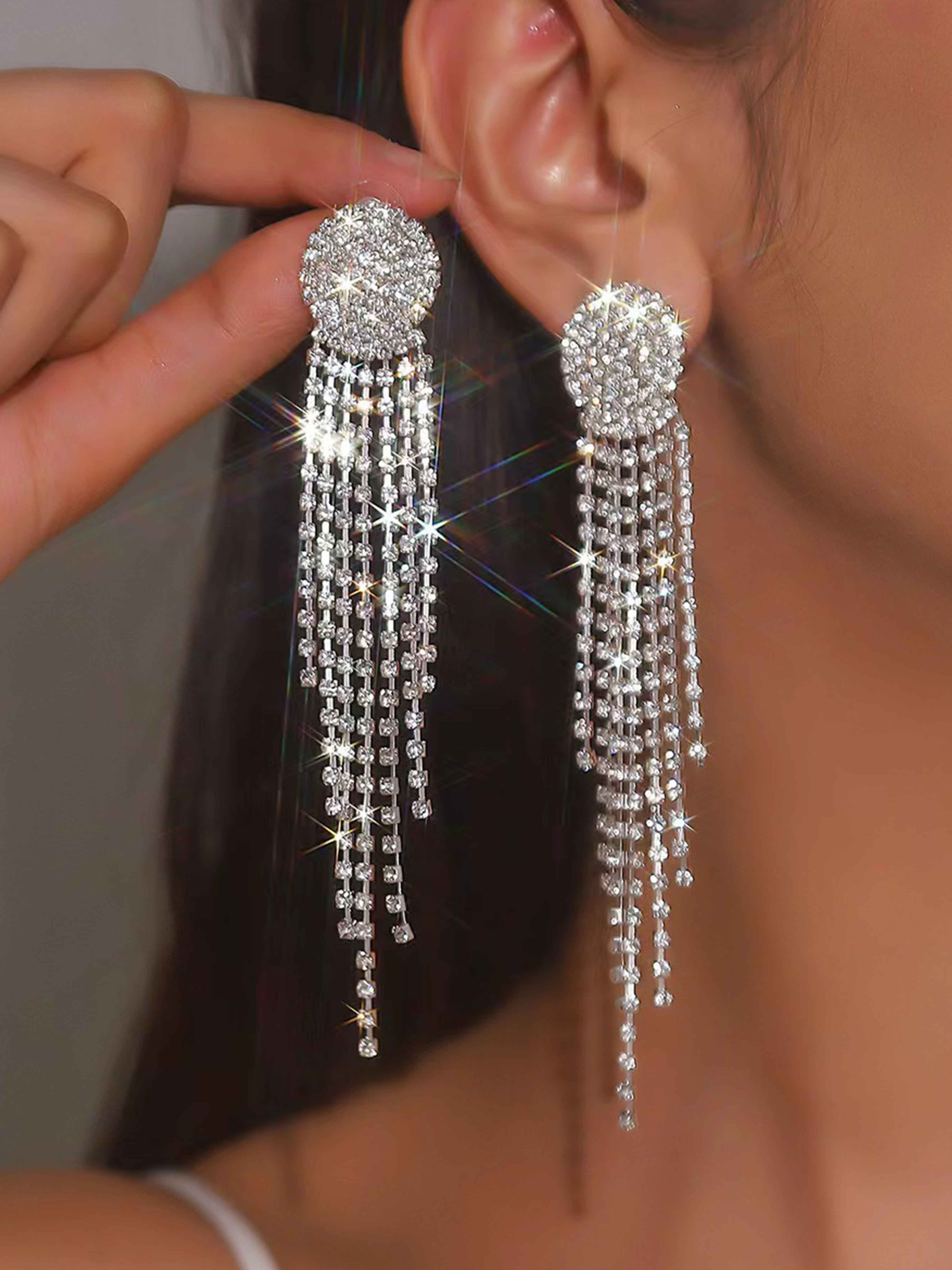 Boucles D’Oreilles Longues Chic À Pampilles Et Strass