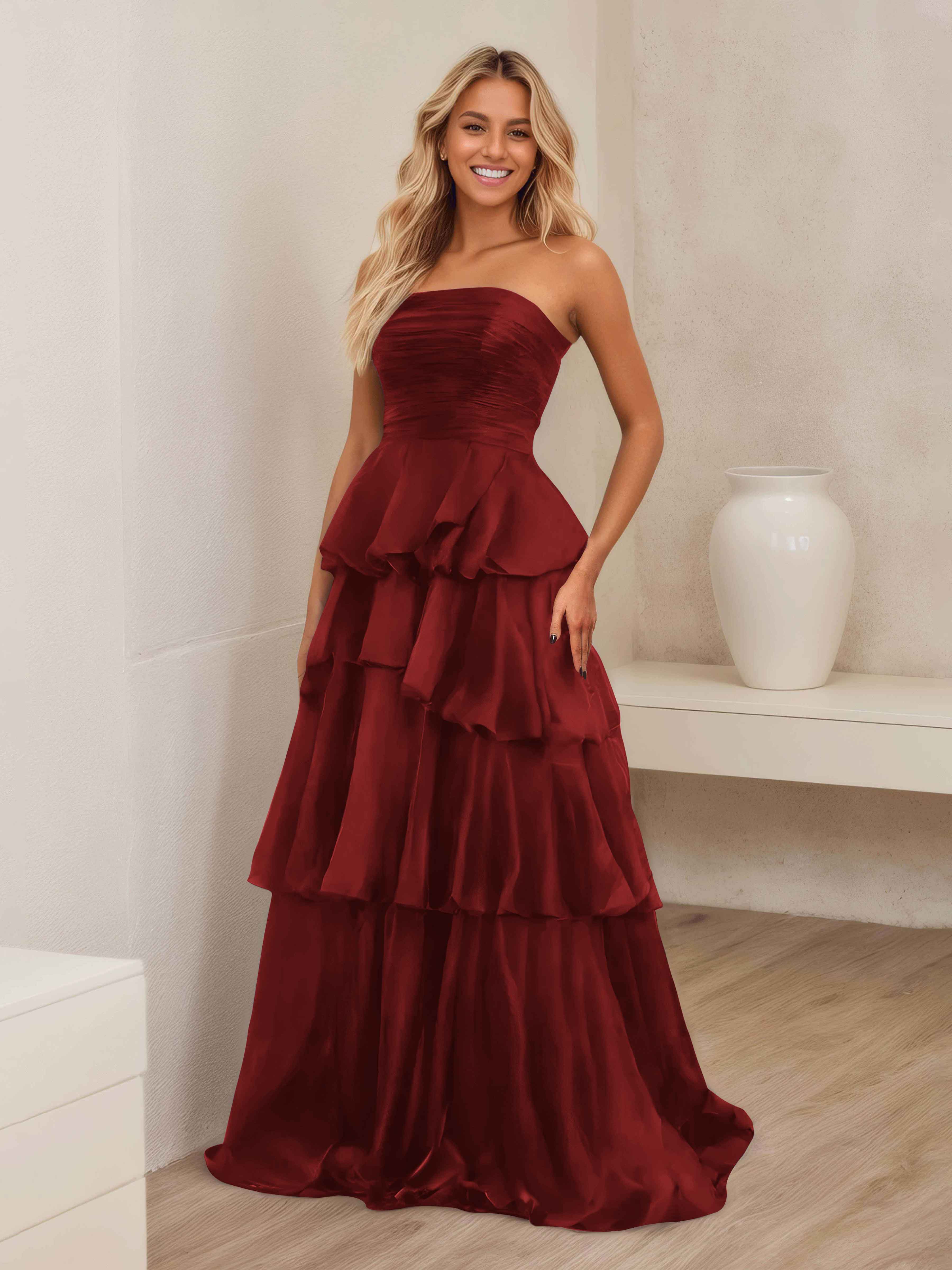 Robe De Soirée En Satin À Ruché Sans Bretelles Multicouche Ellianna