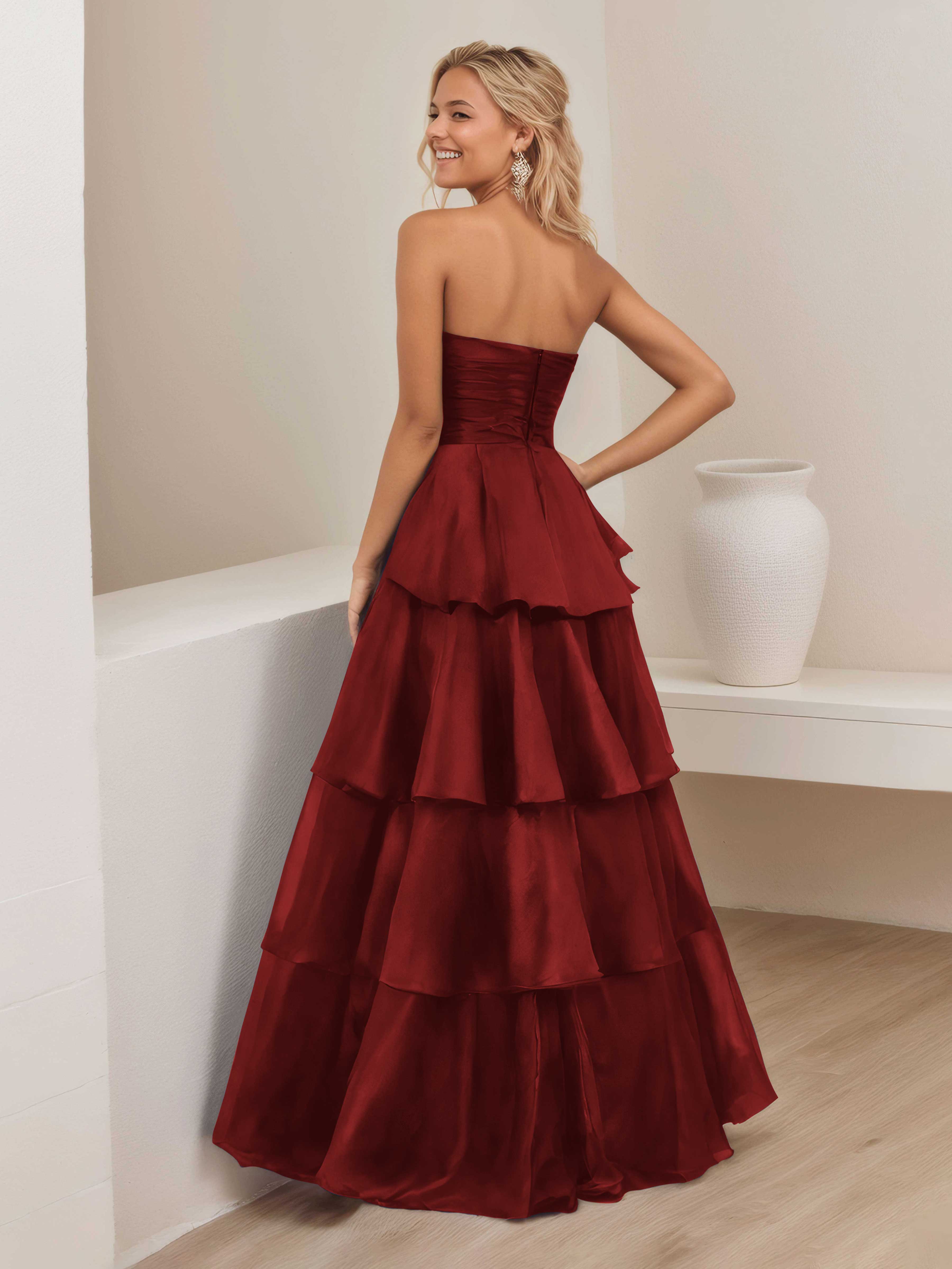 Robe De Soirée En Satin À Ruché Sans Bretelles Multicouche Ellianna