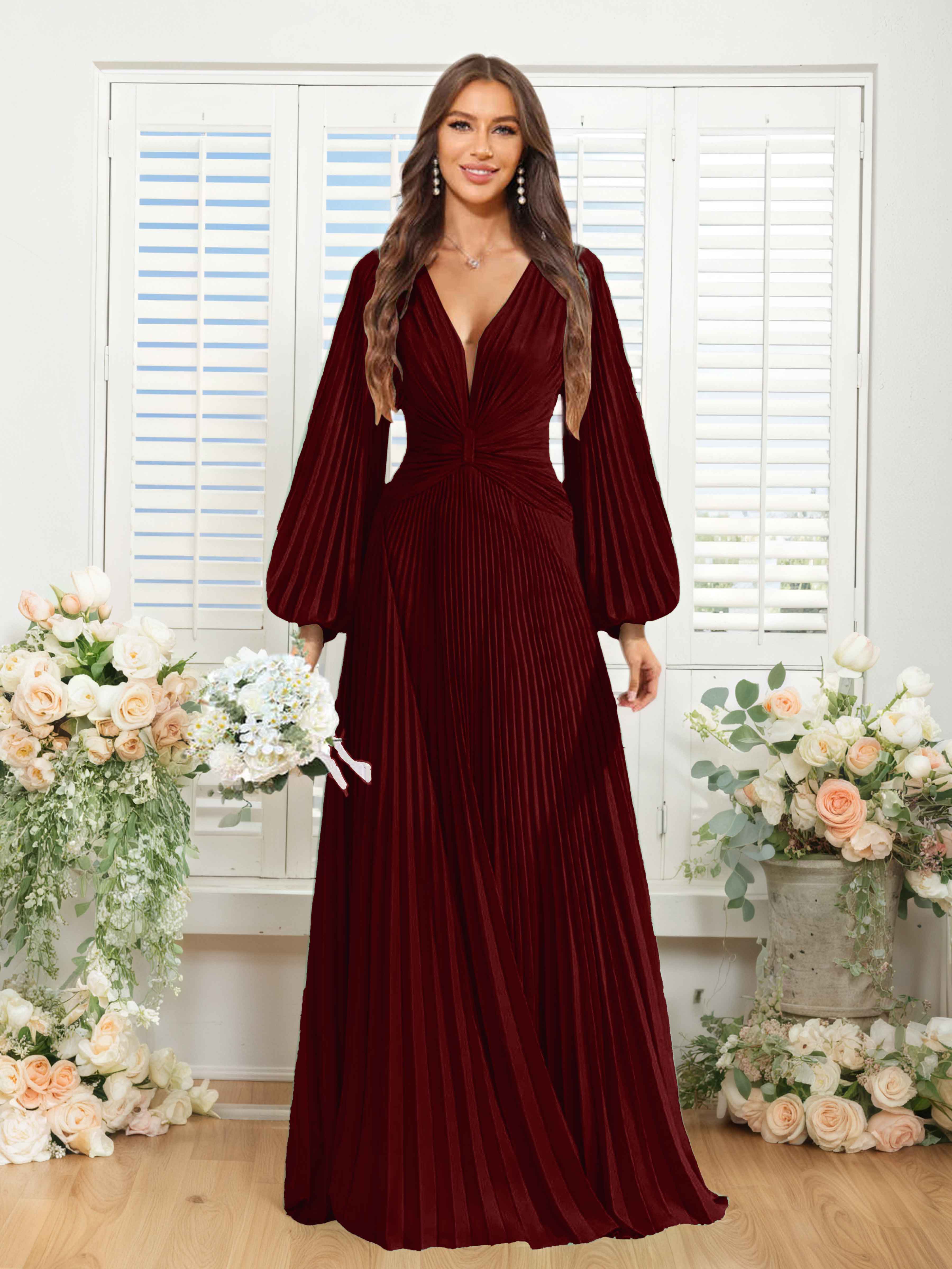 Robes De Demoiselle D'Honneur En Mousseline À Col V Ruché Longue Nerys
