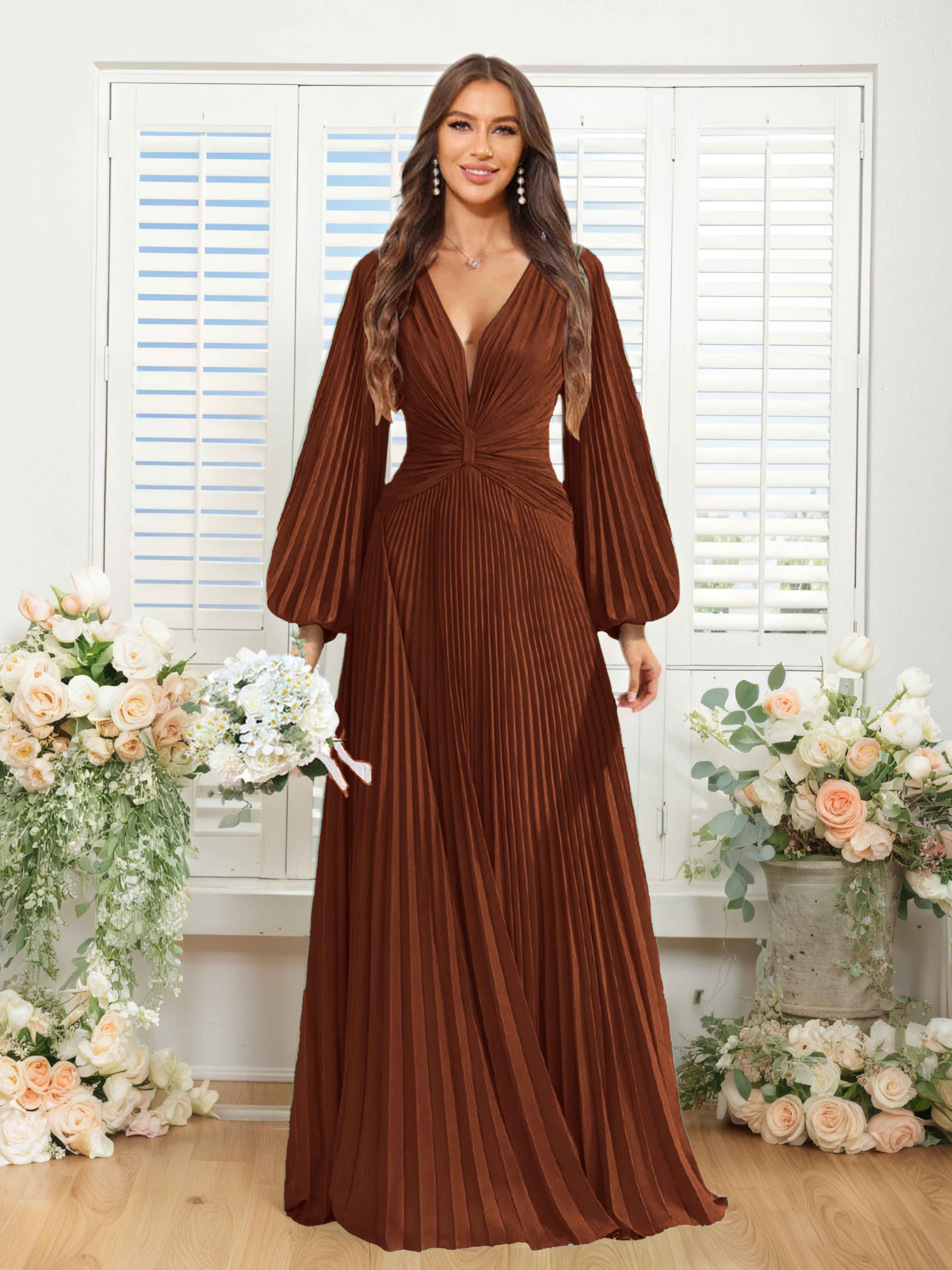 Robes De Demoiselle D'Honneur En Mousseline À Col V Ruché Longue Nerys