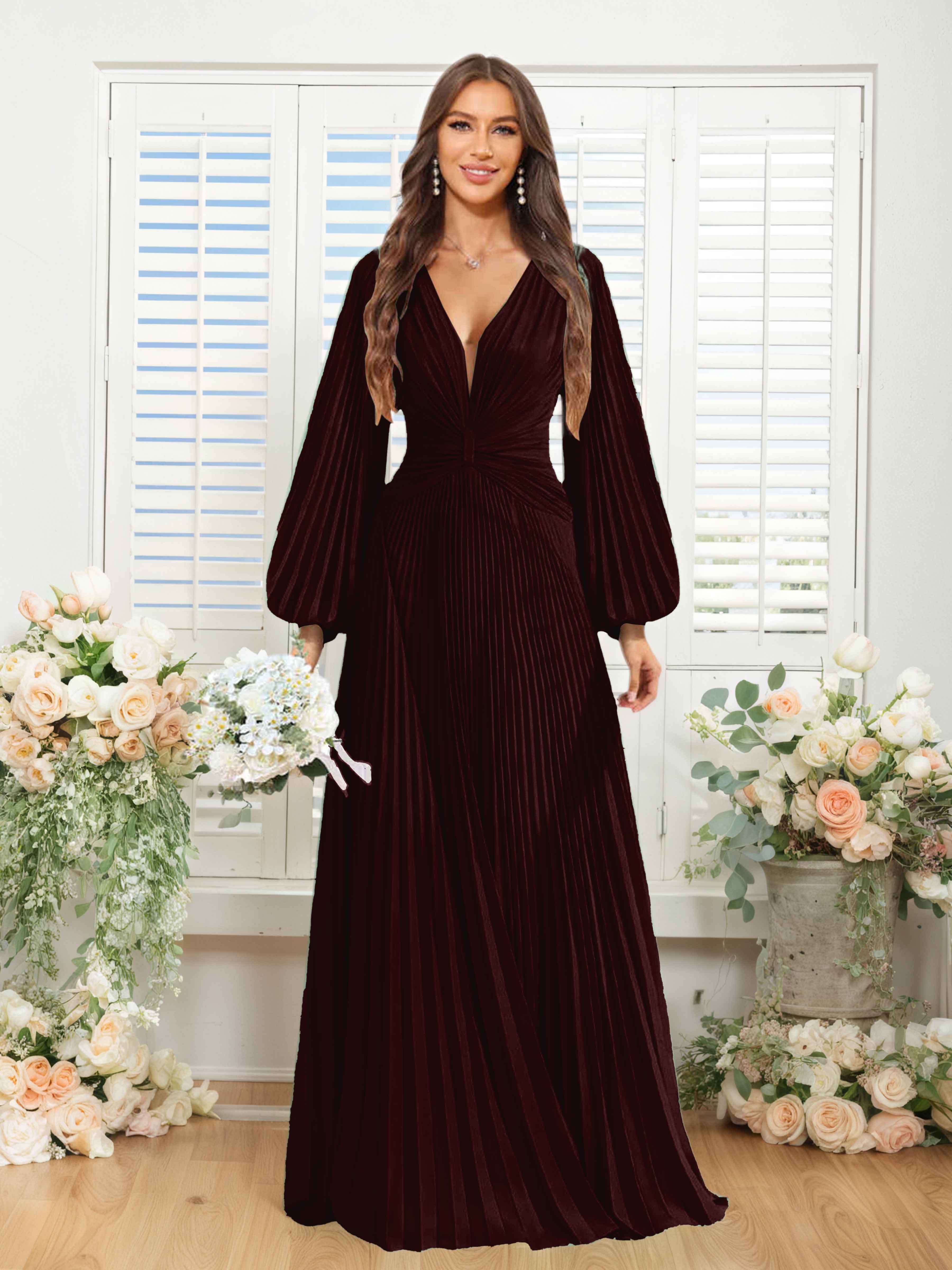 Robes De Demoiselle D'Honneur En Mousseline À Col V Ruché Longue Nerys