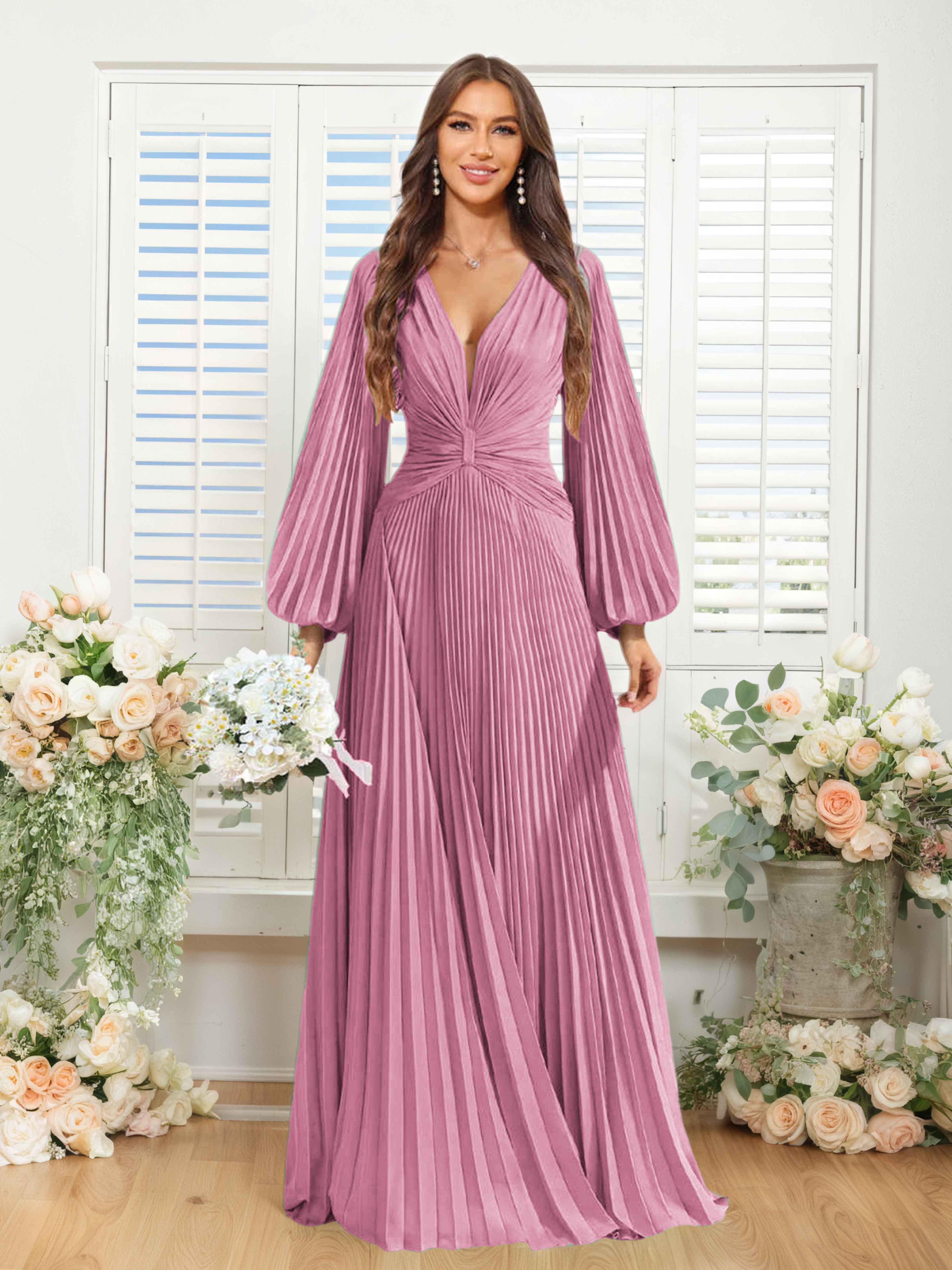 Robes De Demoiselle D'Honneur En Mousseline À Col V Ruché Longue Nerys