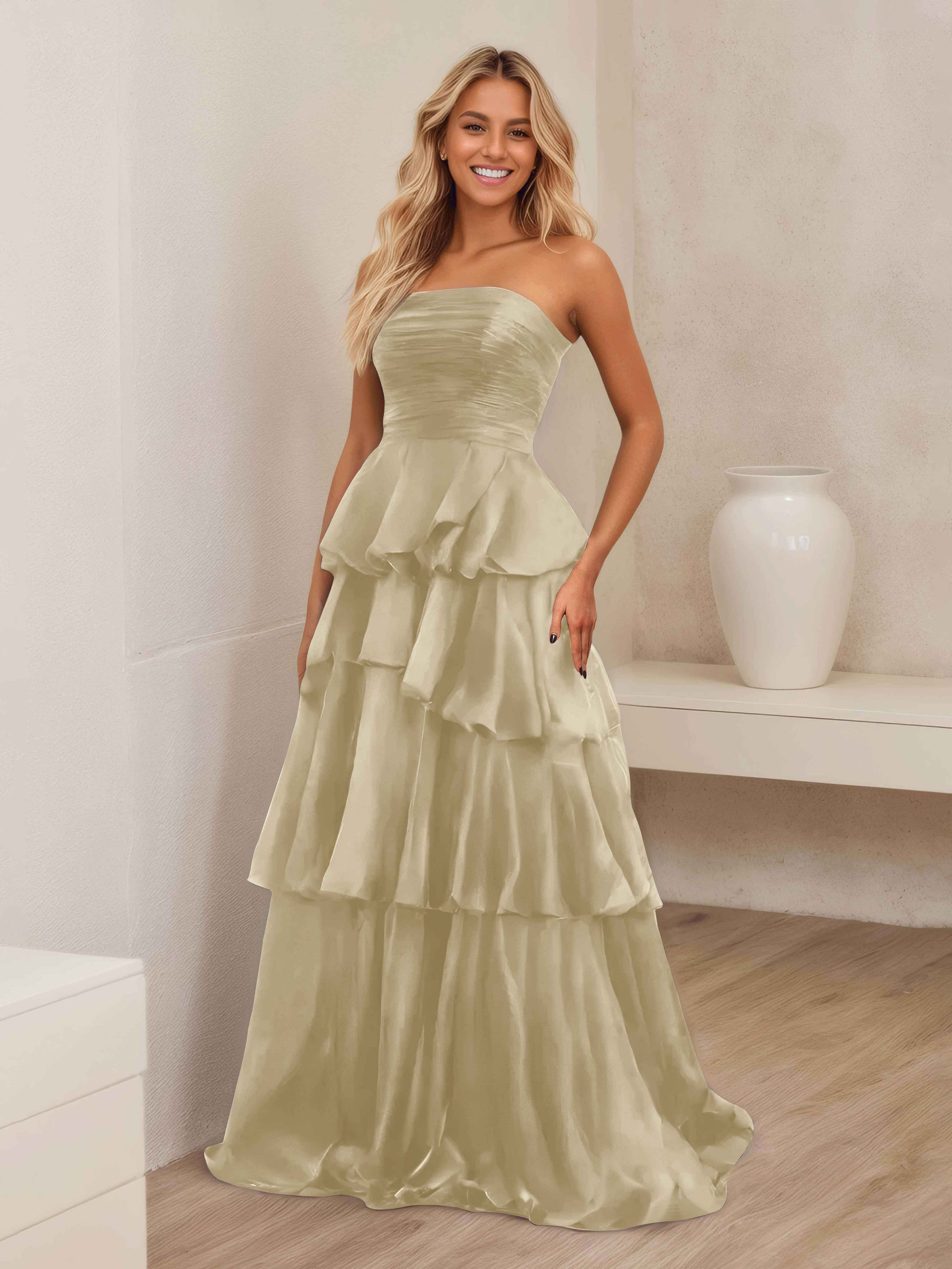 Robe De Soirée En Satin À Ruché Sans Bretelles Multicouche Ellianna