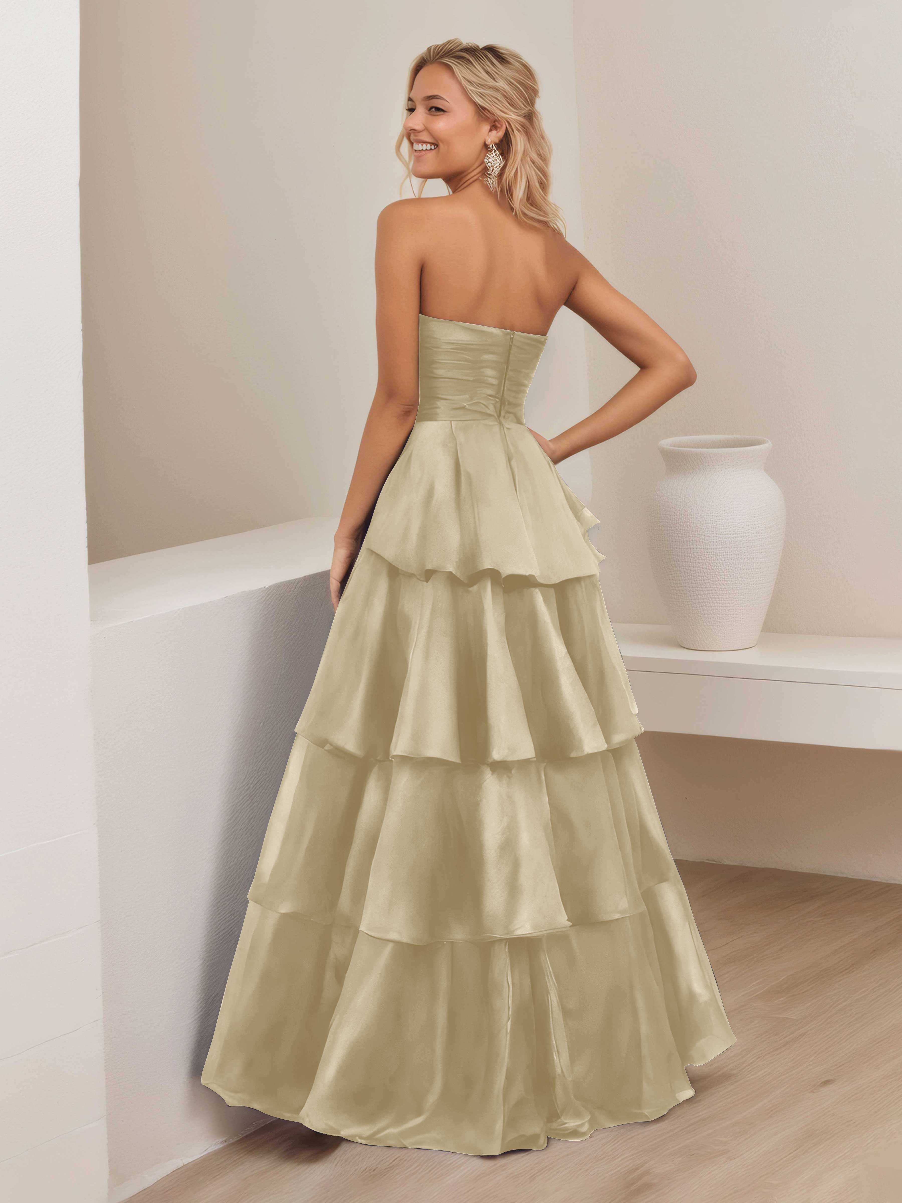 Robe De Soirée En Satin À Ruché Sans Bretelles Multicouche Ellianna