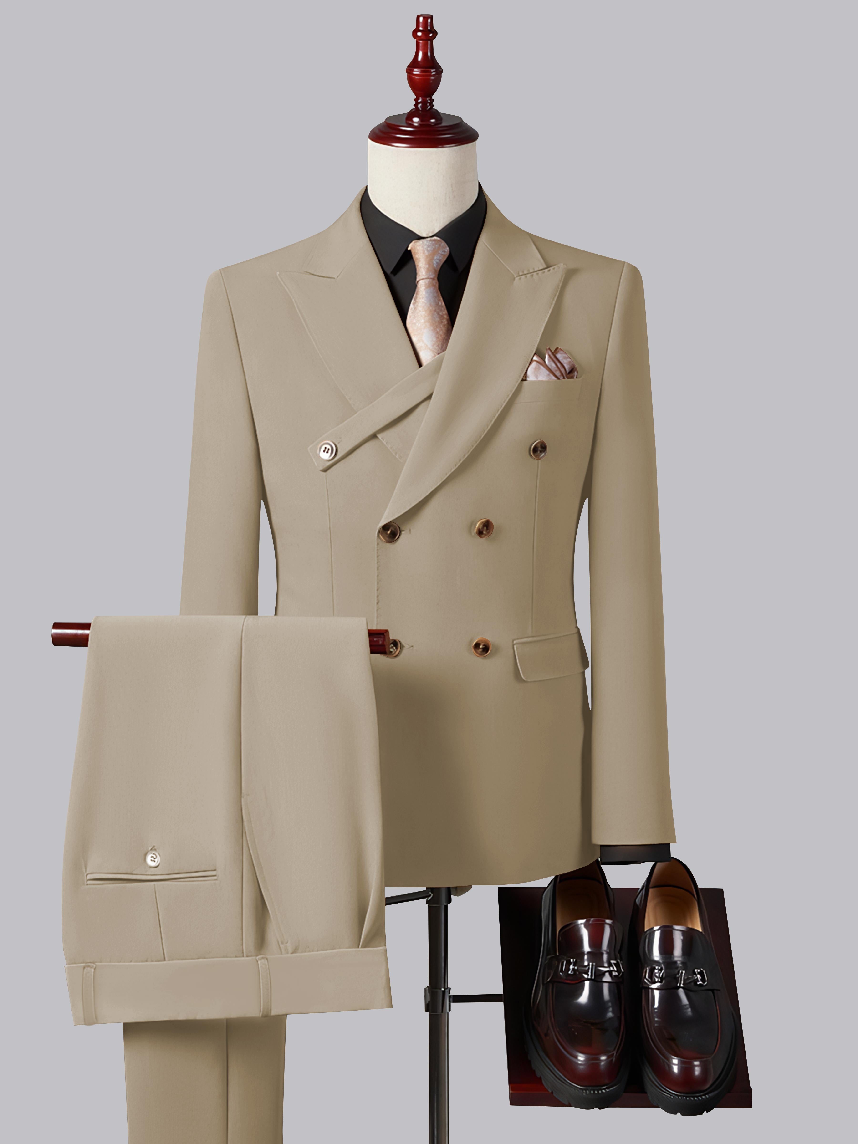 Costume Homme Ajusté Élégant Double Boutonnage Ceinturé À Revers Pointus 2 Pièces