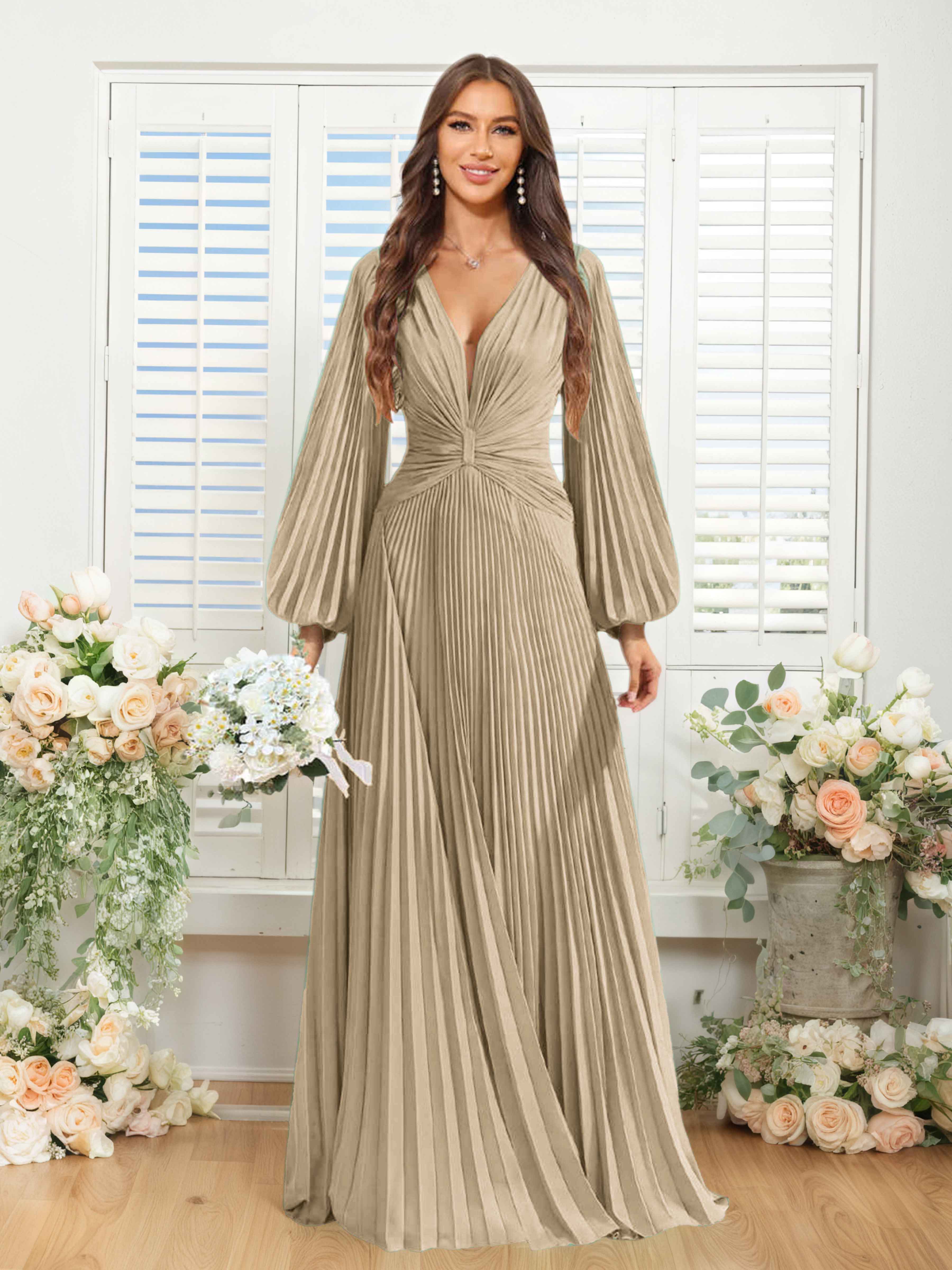 Robes De Demoiselle D'Honneur En Mousseline À Col V Ruché Longue Nerys