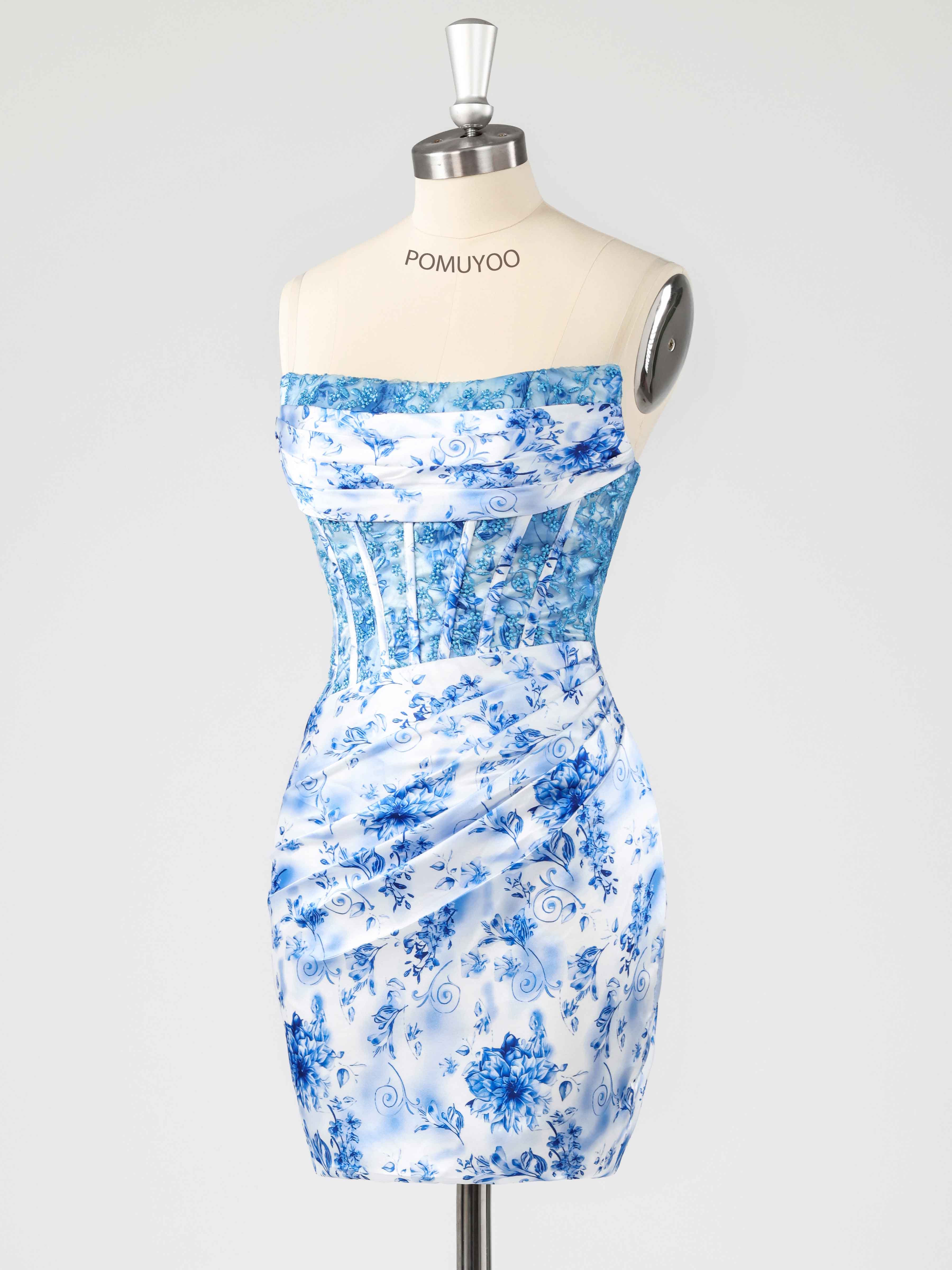 Robes De Bal Courtes Charmantes En Mousseline Florale Plissée Sans Bretelles Coupe Fourreau