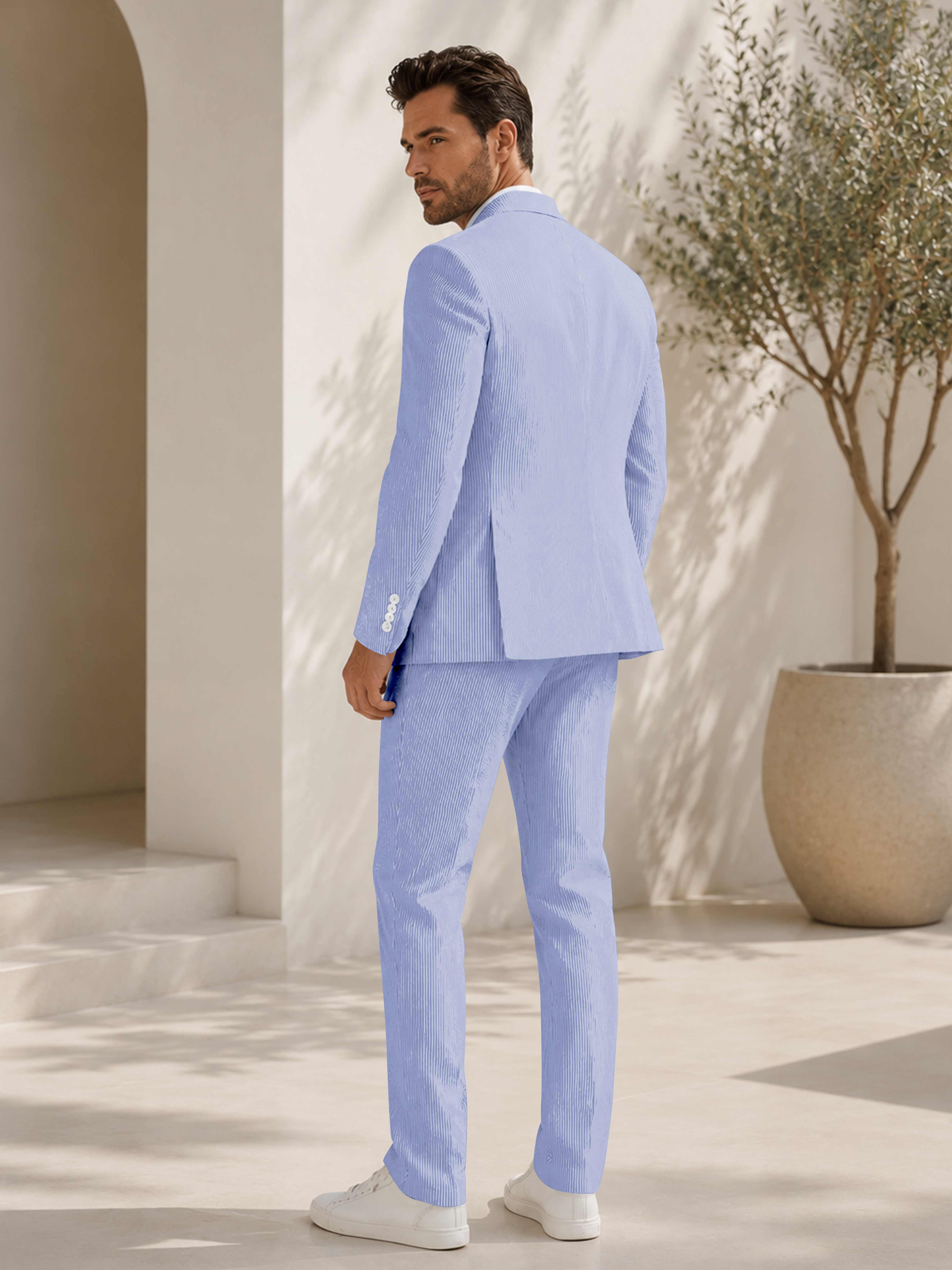 Costume Homme 2 Pièces En Seersucker Rayé À Chic Coupe Classique Pour Mariage D'été