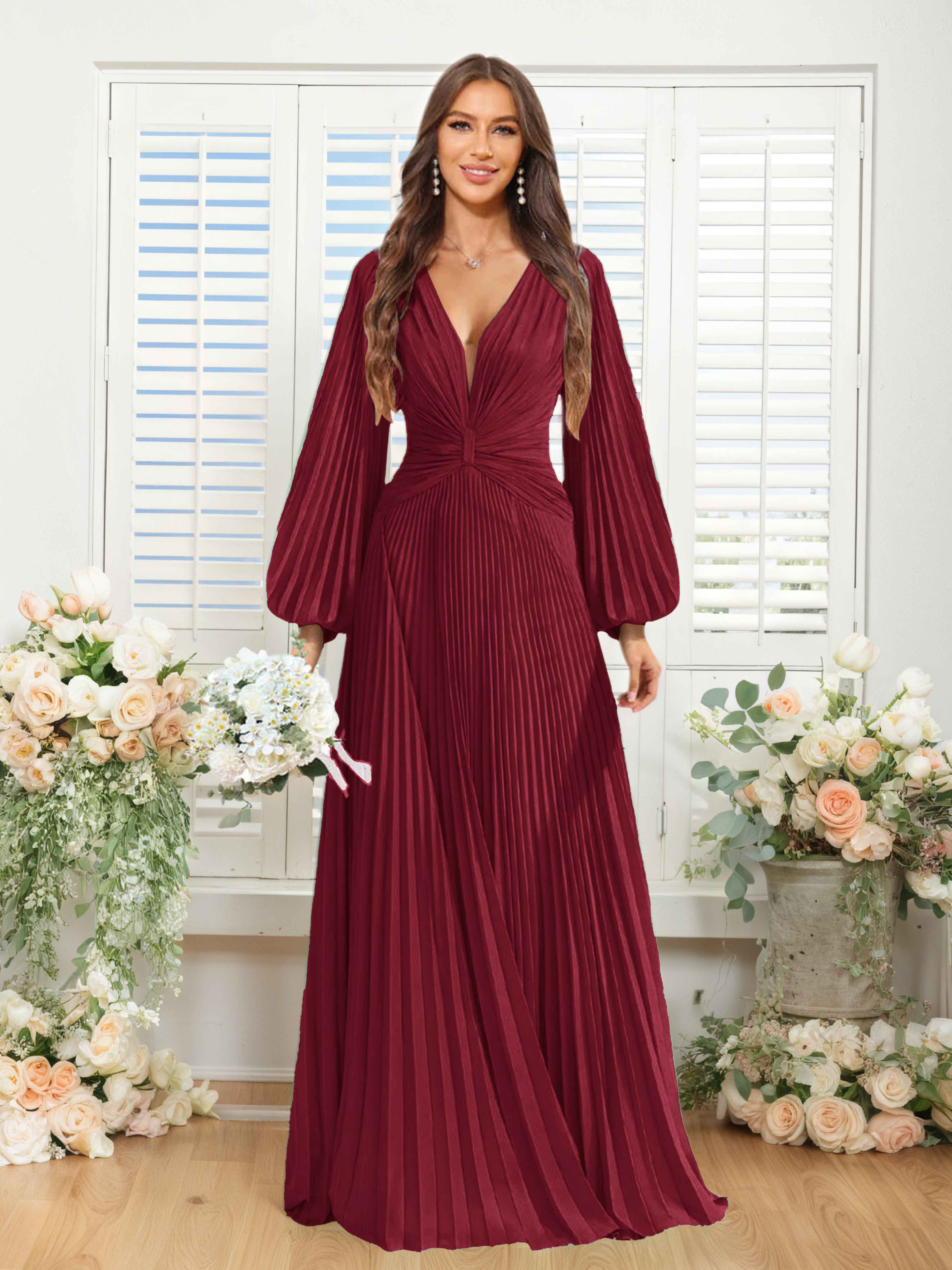 Robes De Demoiselle D'Honneur En Mousseline À Col V Ruché Longue Nerys