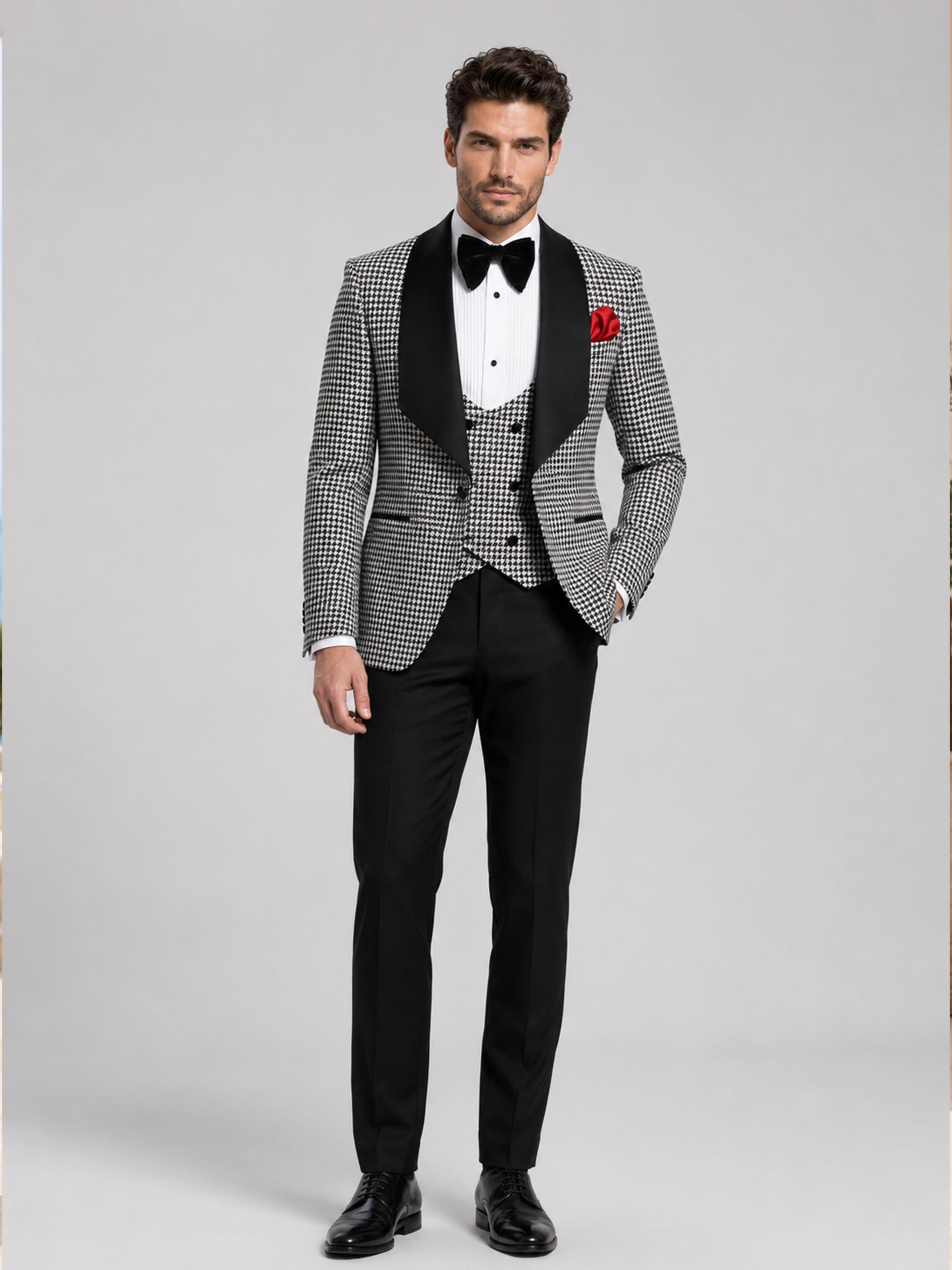 Costume Homme 3 Pièces À Sophistiqué Pied-De-Poule Revers Châle