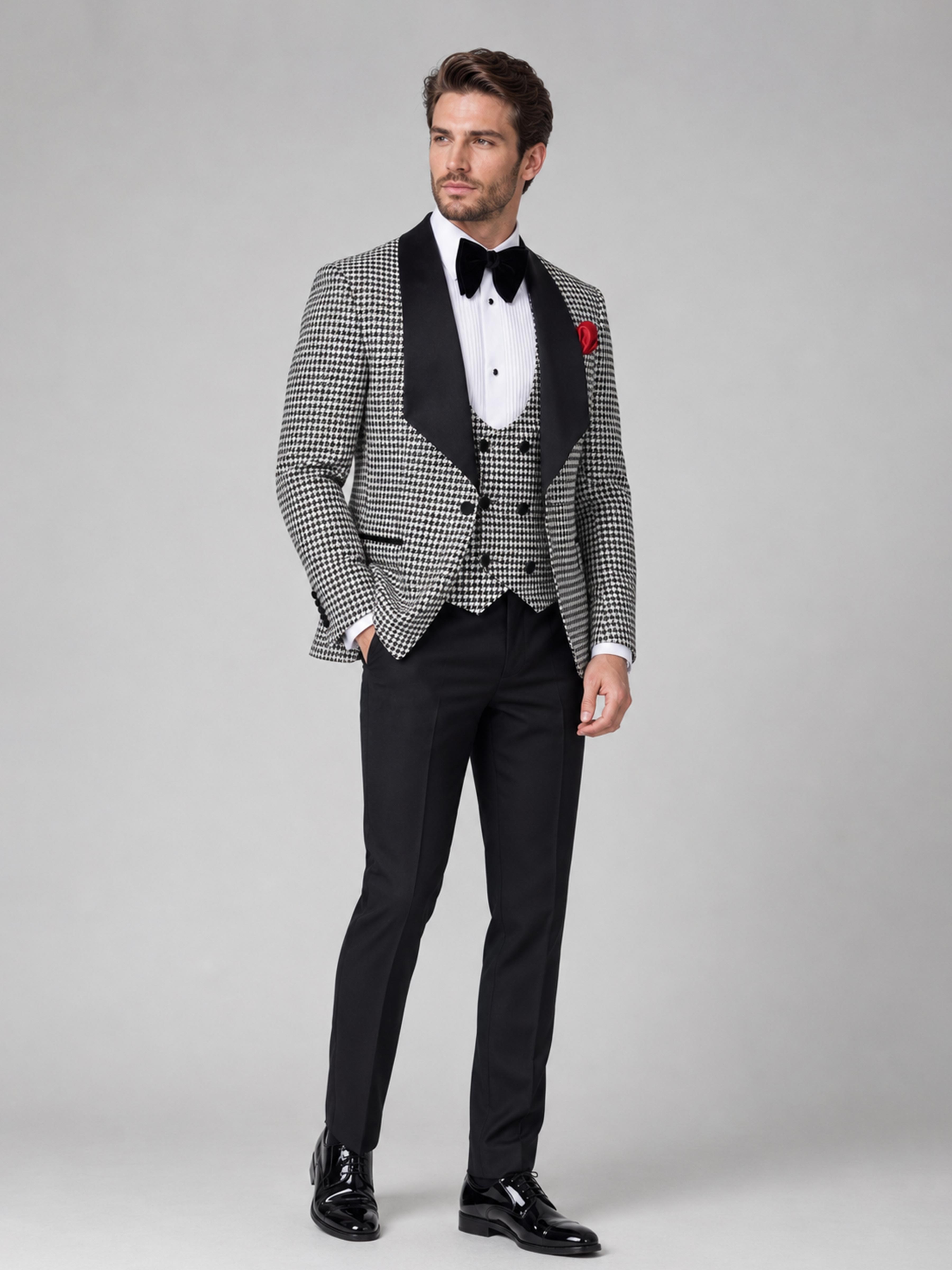 Costume Homme 3 Pièces À Sophistiqué Pied-De-Poule Revers Châle