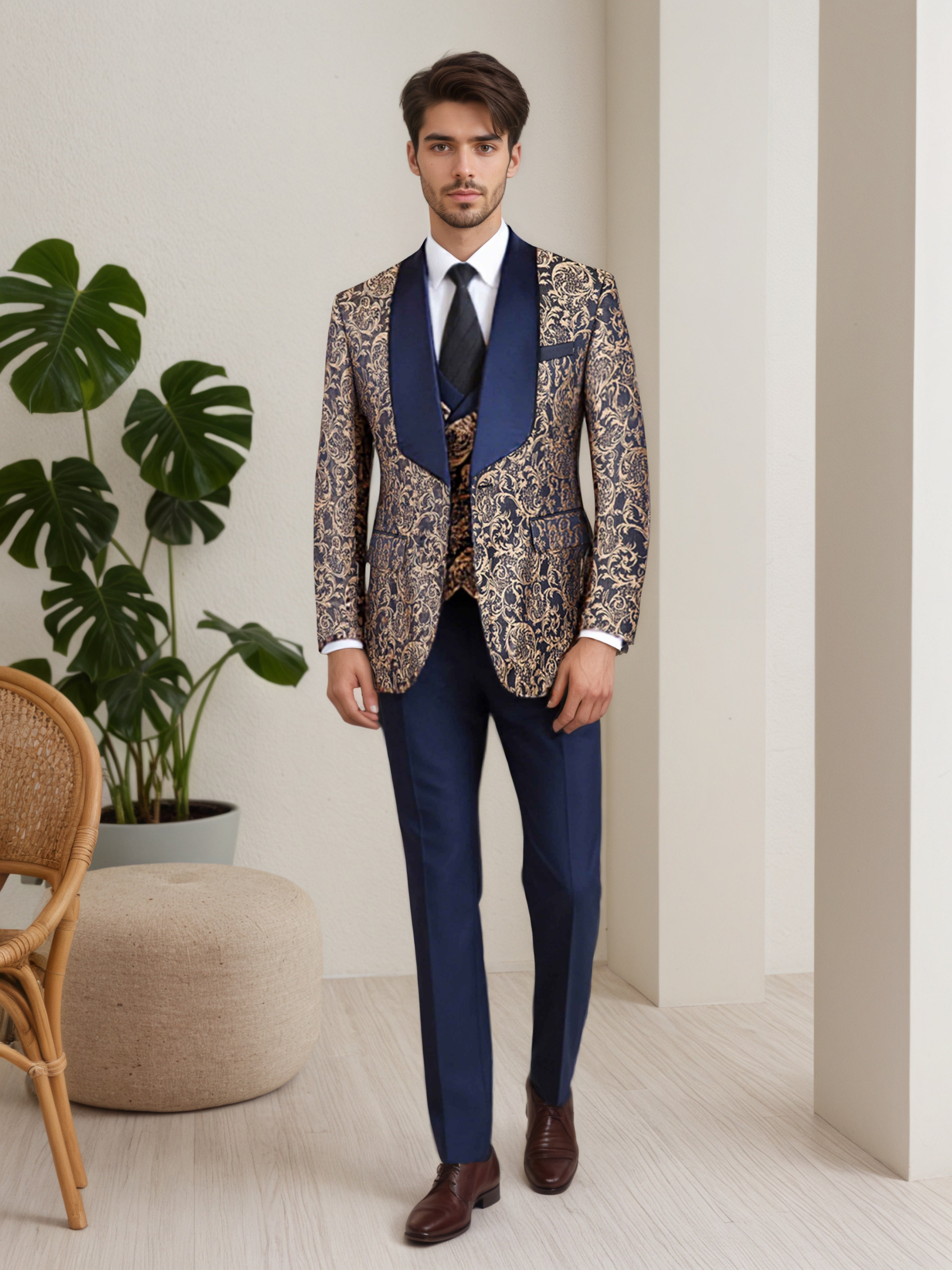 Costume Homme 3 Pièces À Revers Châle Motif Vintage Pour Bal & Dîner Élégant