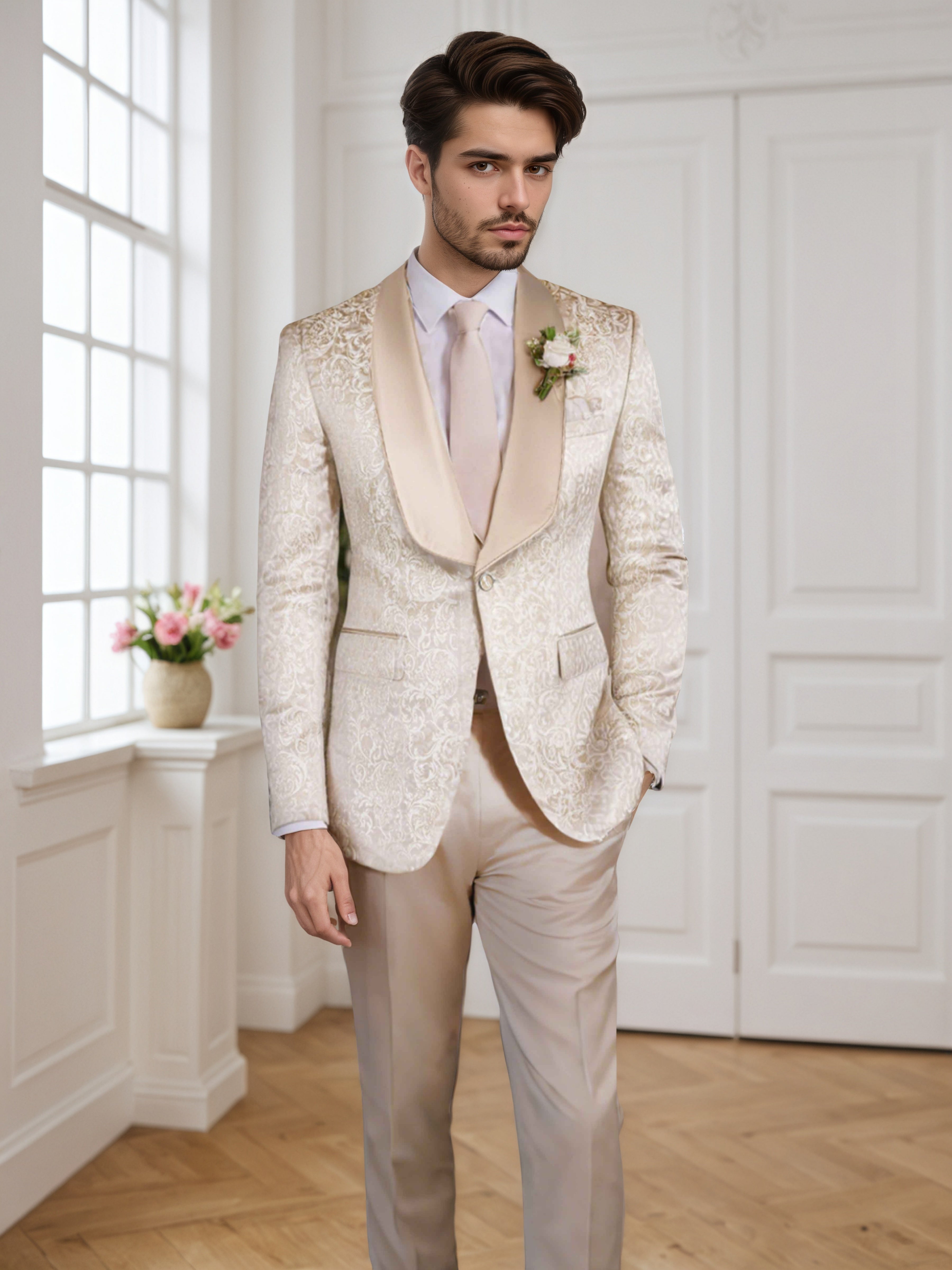 Costume Homme 3 Pièces À Revers Châle Motif Vintage Pour Bal & Dîner Élégant