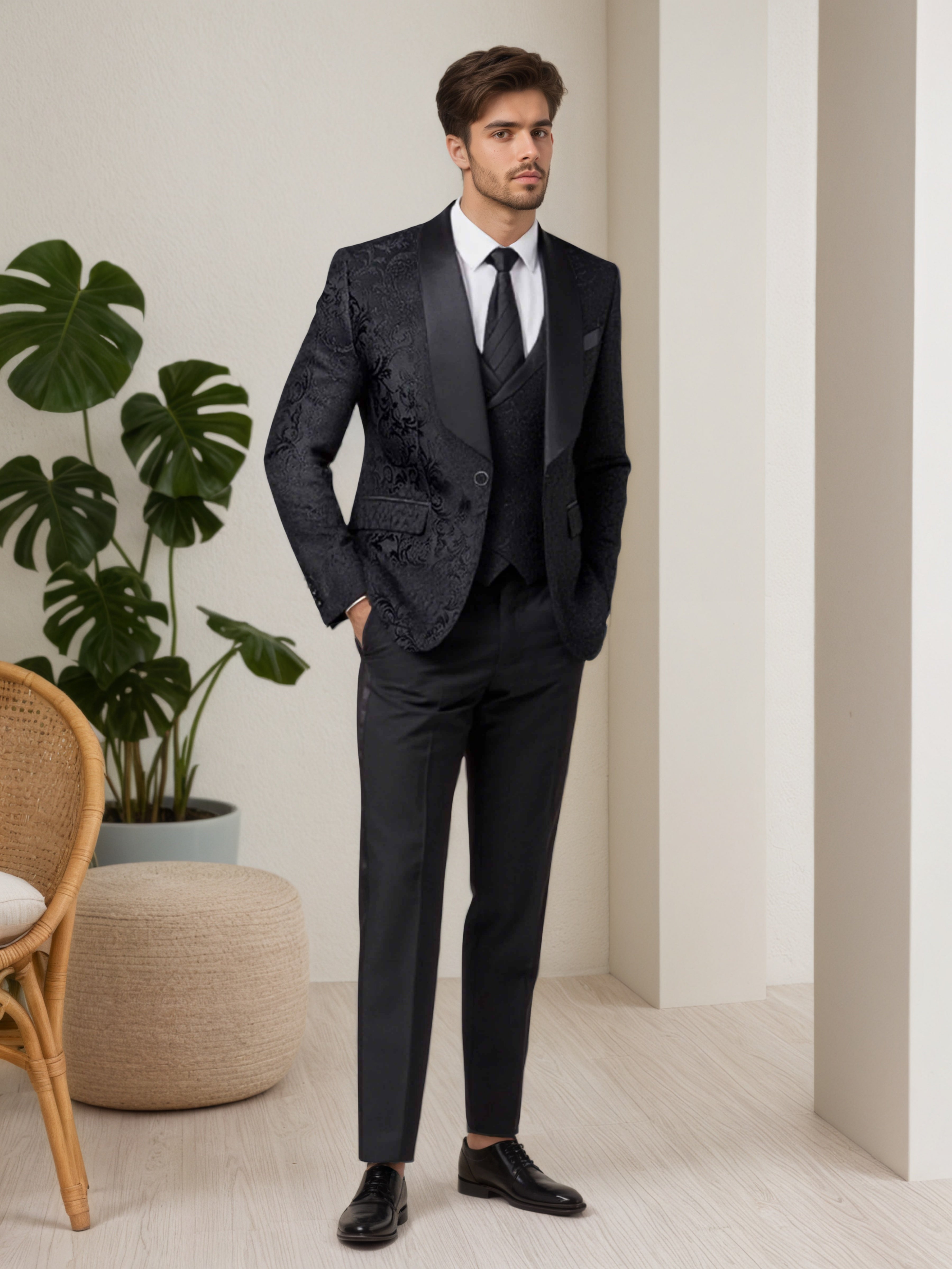 Costume Homme 3 Pièces À Revers Châle Motif Vintage Pour Bal & Dîner Élégant