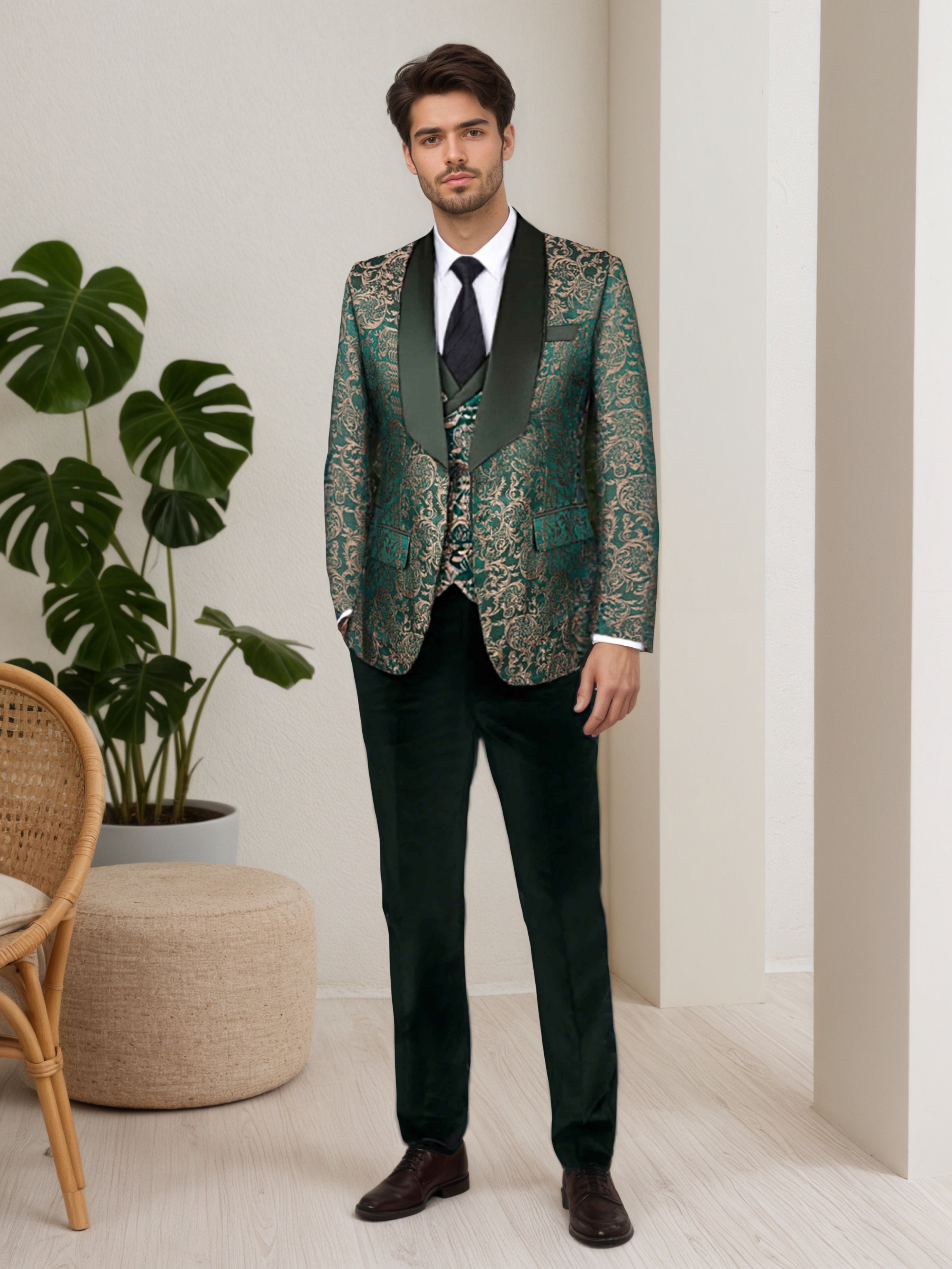 Costume Homme 3 Pièces À Revers Châle Motif Vintage Pour Bal & Dîner Élégant