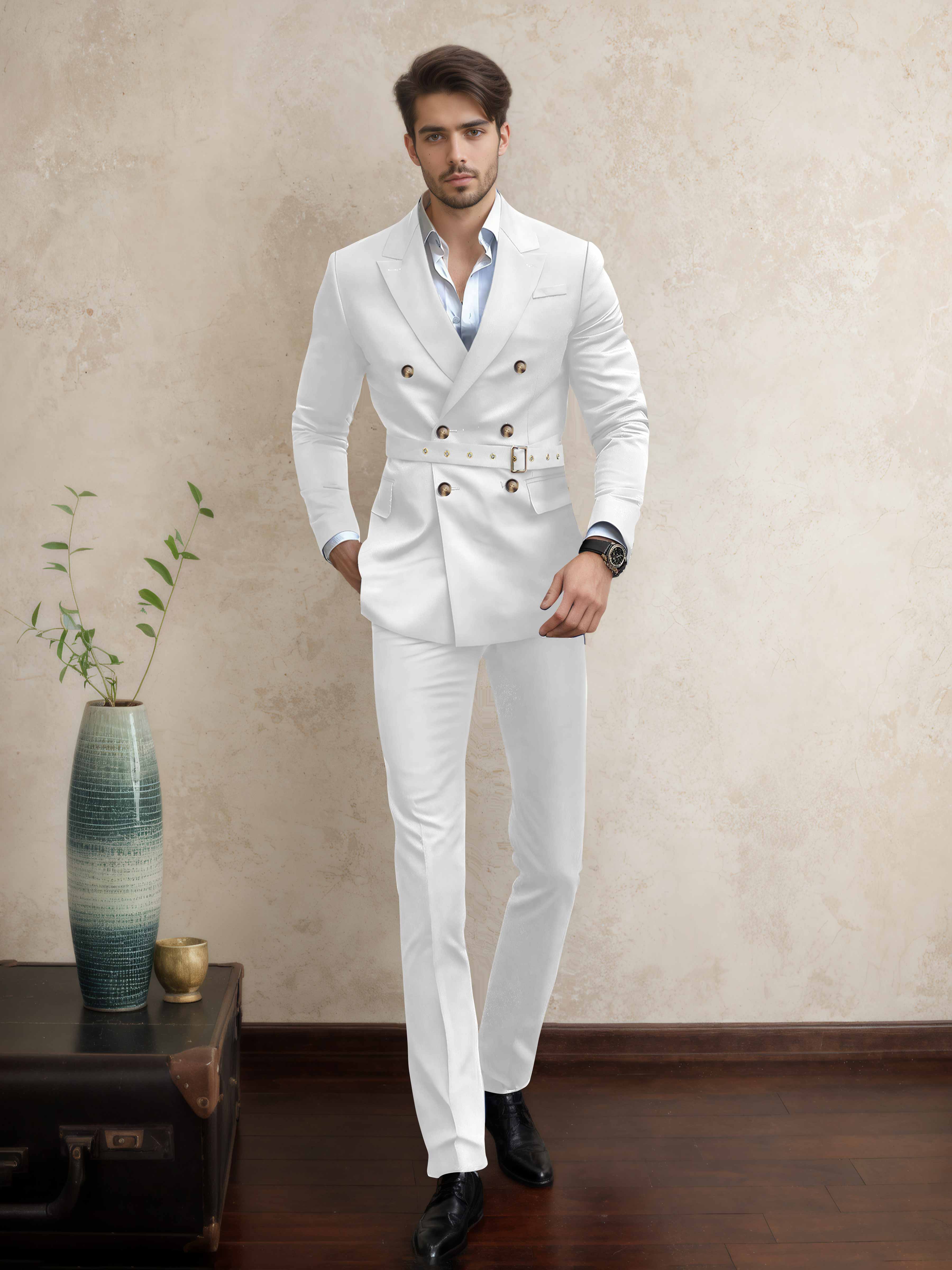 Costume Homme Double Boutonnage Ceinturé À Revers Pointus 2 Pièces Décontracté
