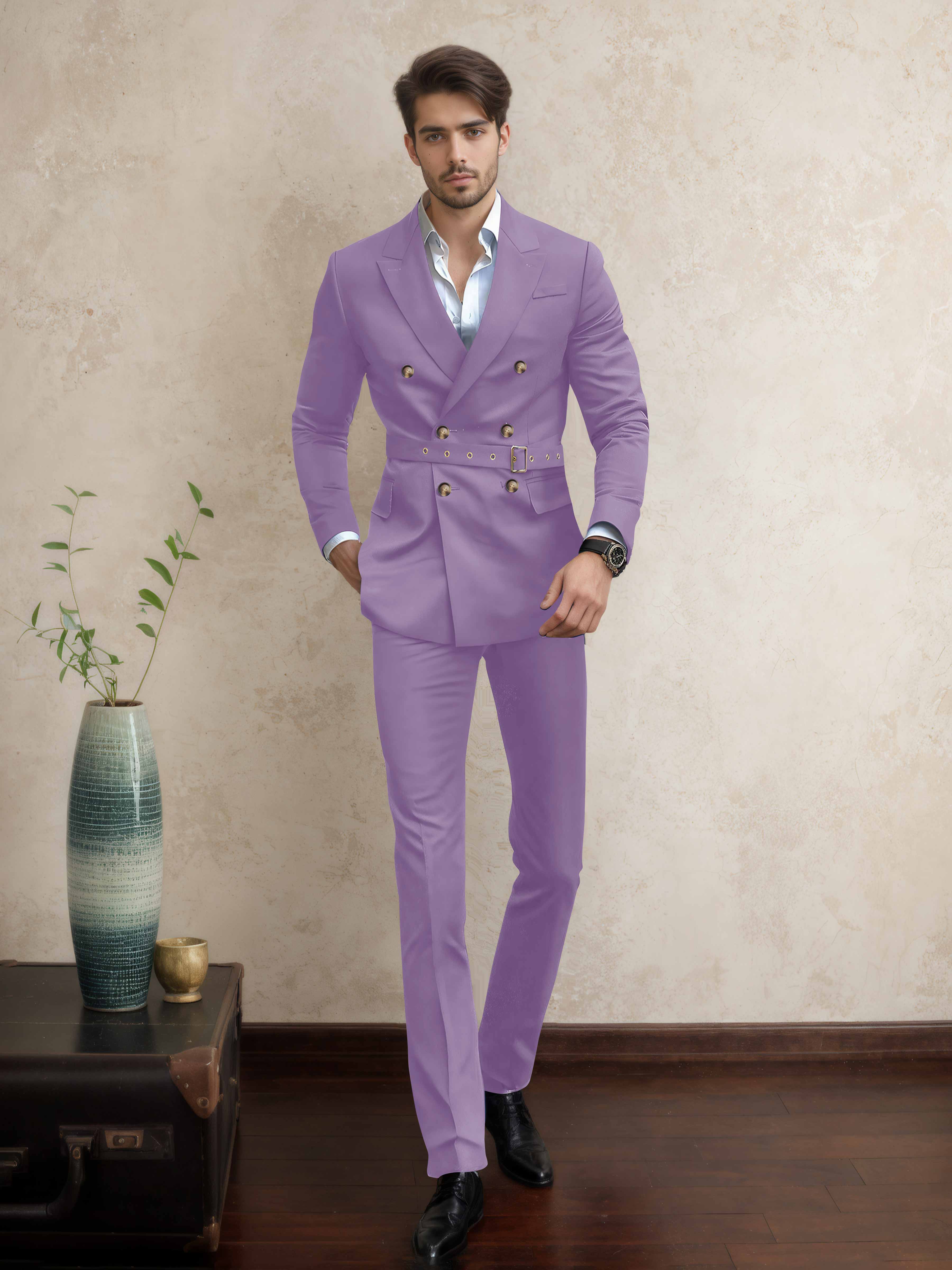 Costume Homme Double Boutonnage Ceinturé À Revers Pointus 2 Pièces Décontracté