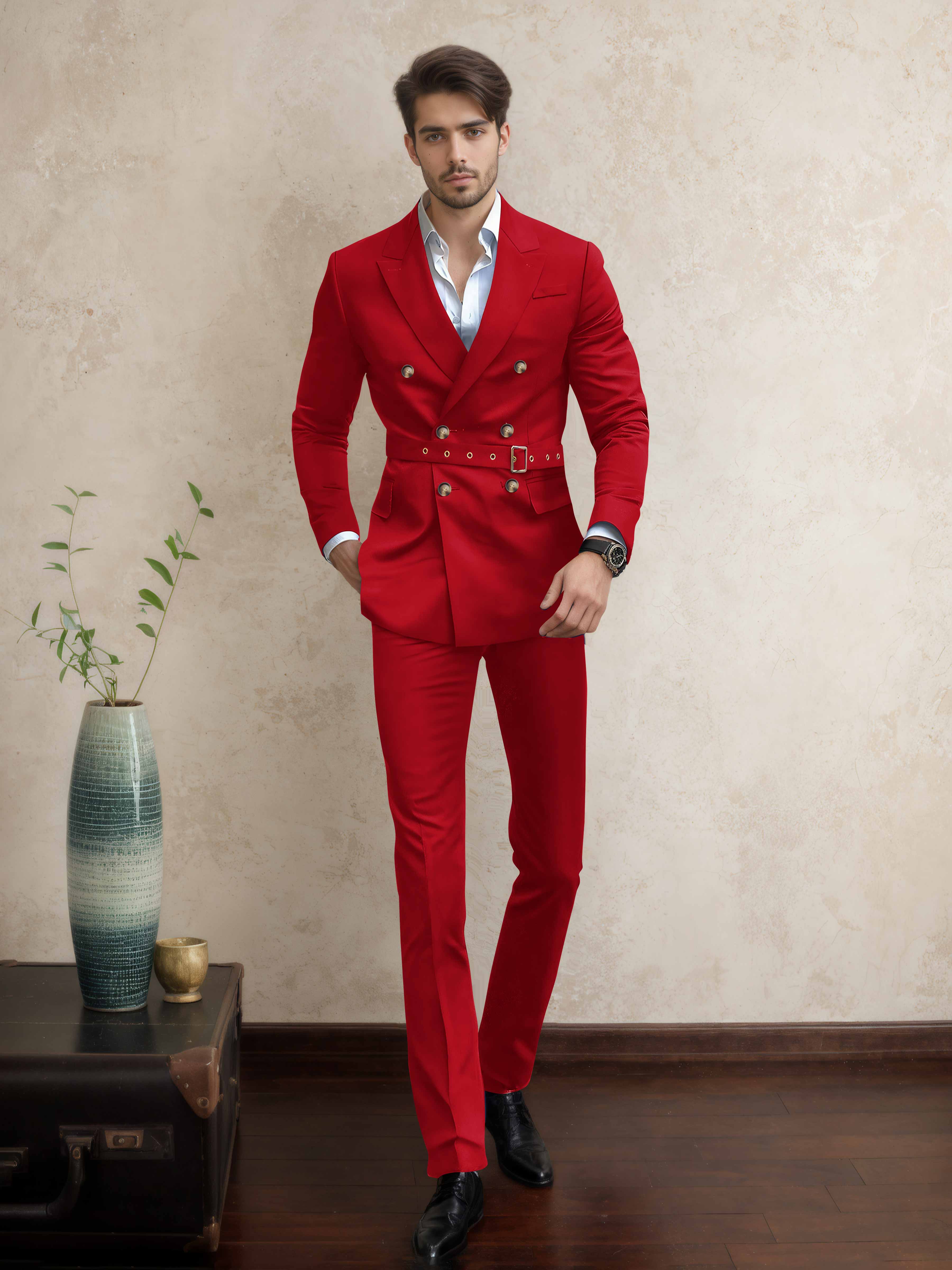 Costume Homme Double Boutonnage Ceinturé À Revers Pointus 2 Pièces Décontracté