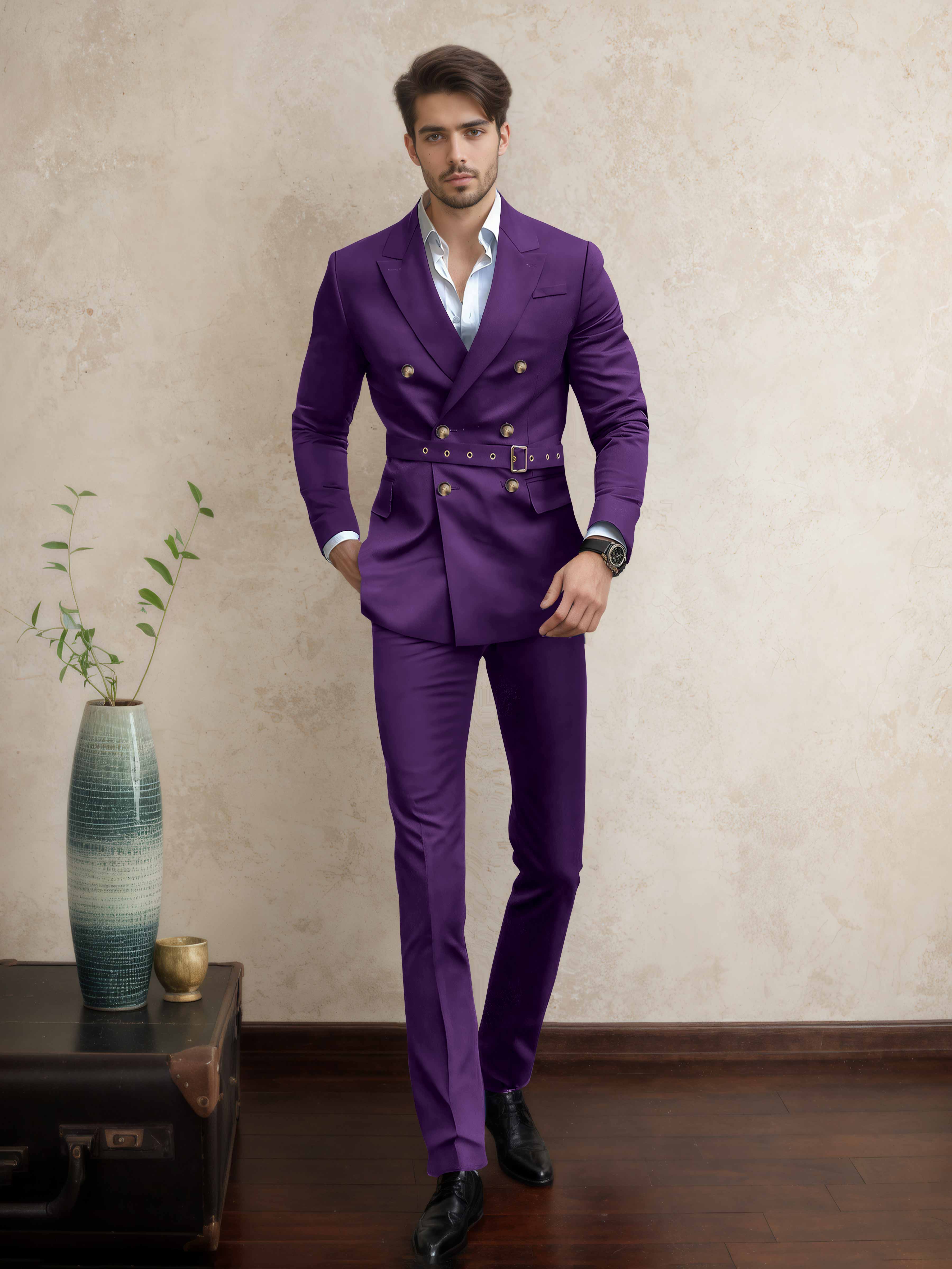 Costume Homme Double Boutonnage Ceinturé À Revers Pointus 2 Pièces Décontracté