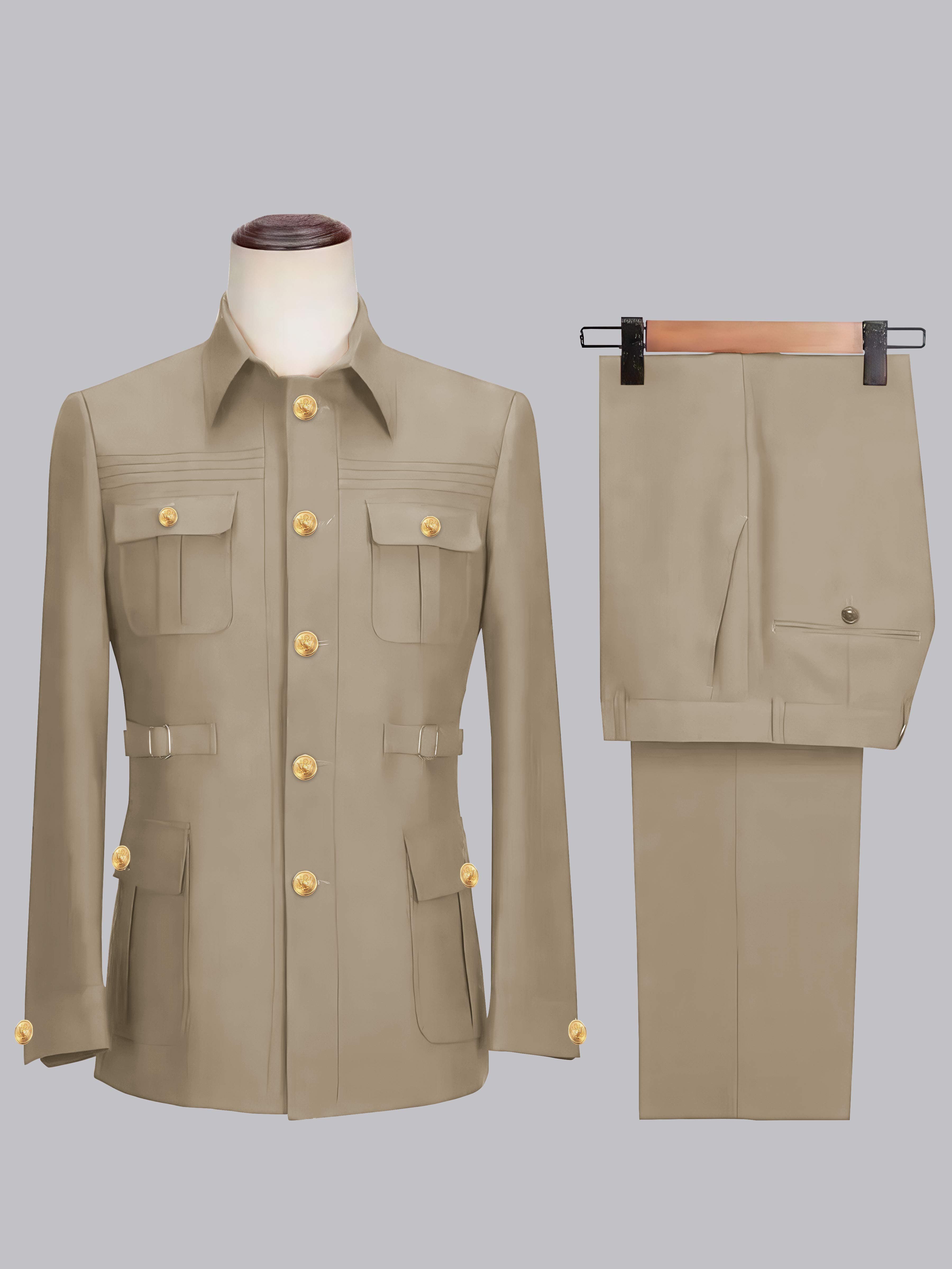 Costume Safari Homme Ceinturé À Un Bouton 2 Pièces Décontracté Chic