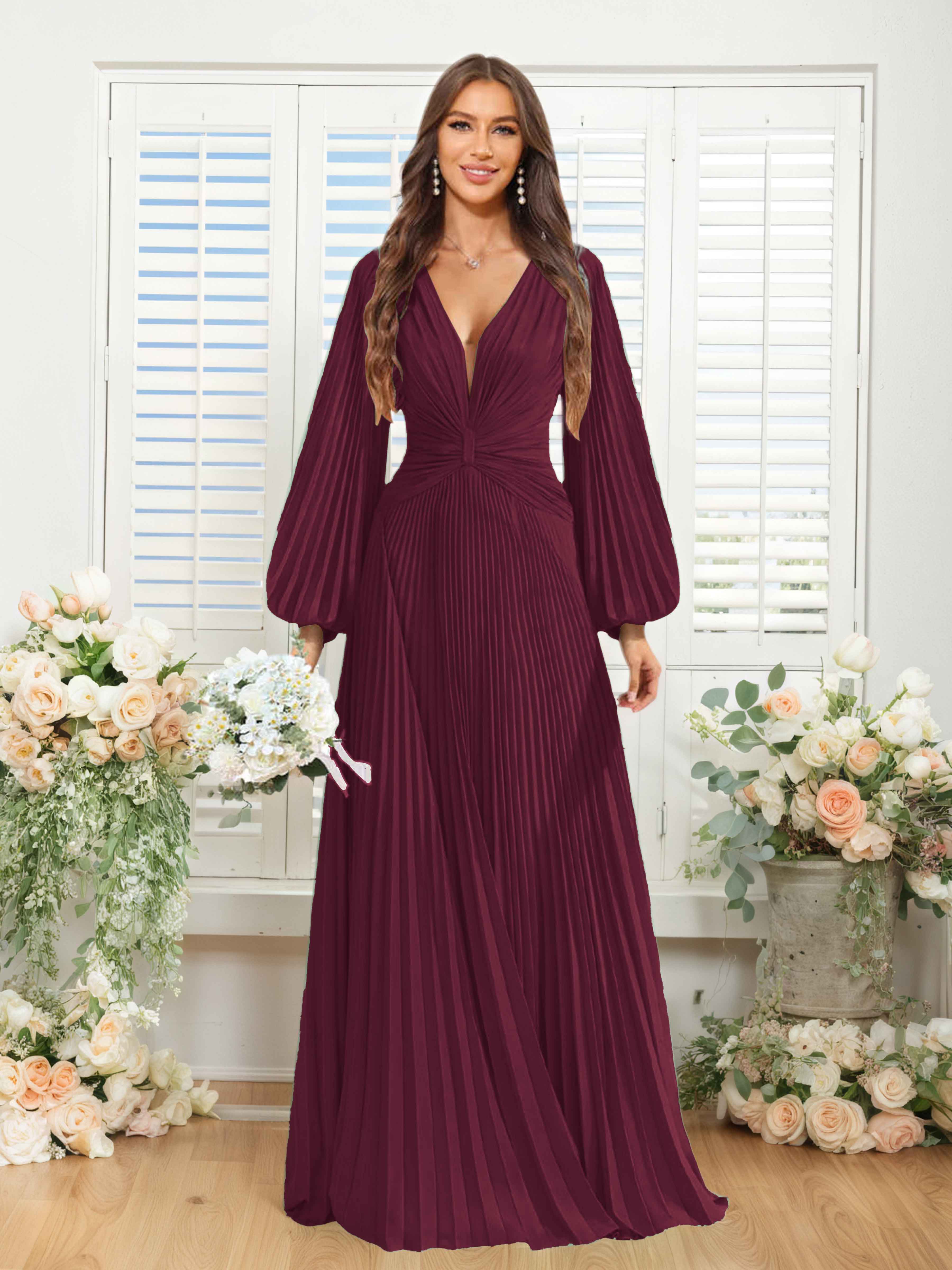 Robes De Demoiselle D'Honneur En Mousseline À Col V Ruché Longue Nerys