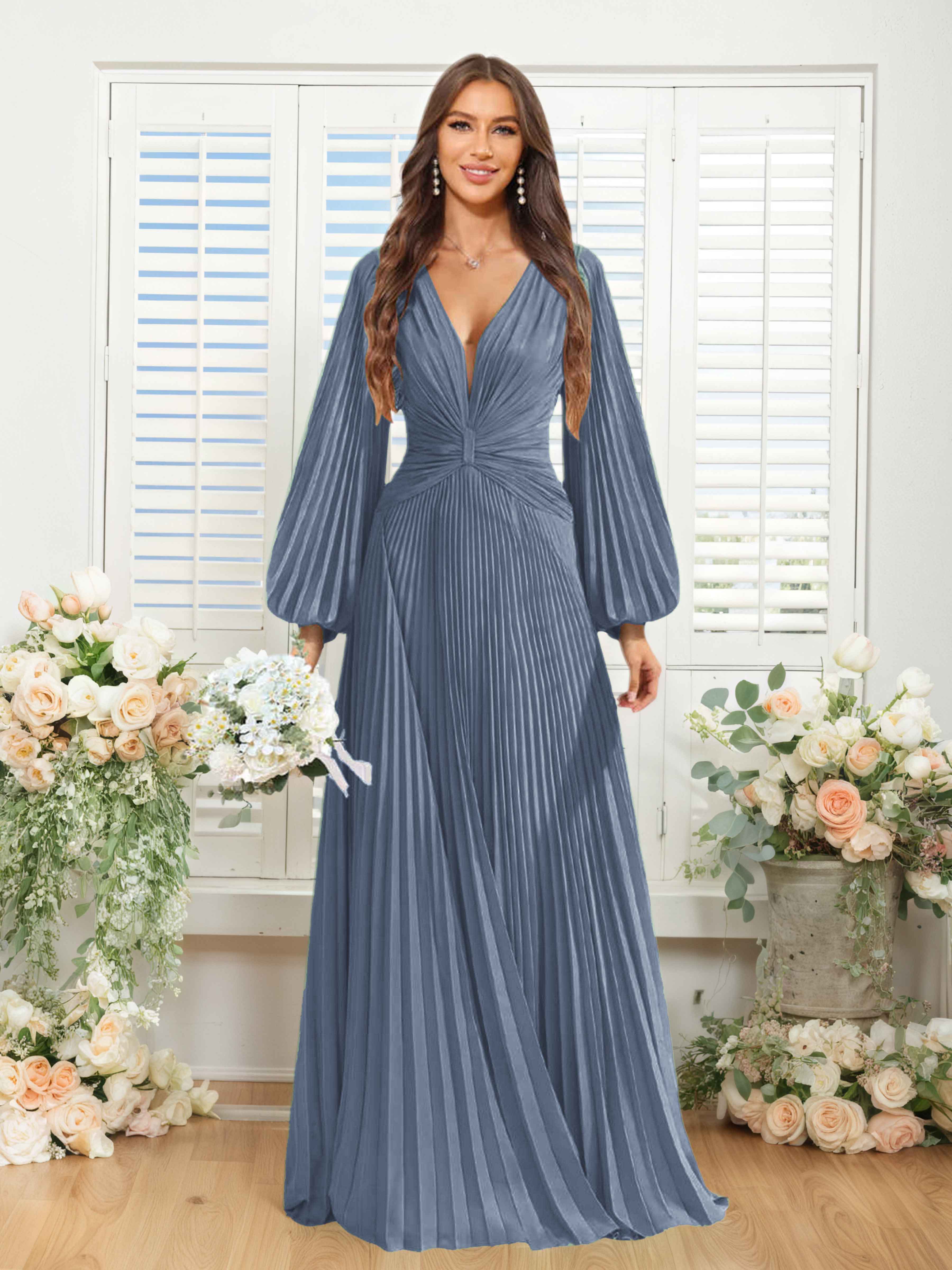 Robes De Demoiselle D'Honneur En Mousseline À Col V Ruché Longue Nerys