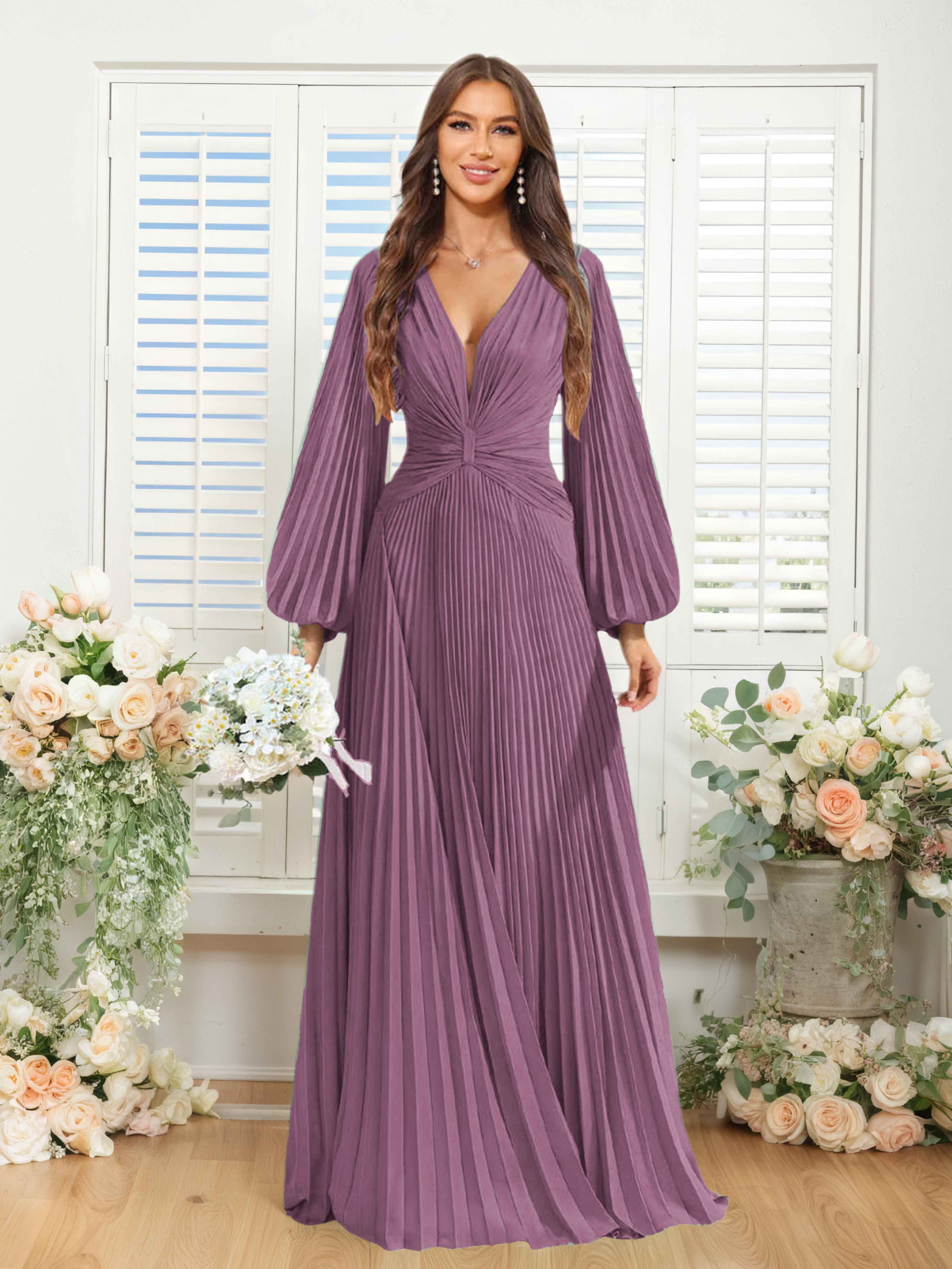 Robes De Demoiselle D'Honneur En Mousseline À Col V Ruché Longue Nerys