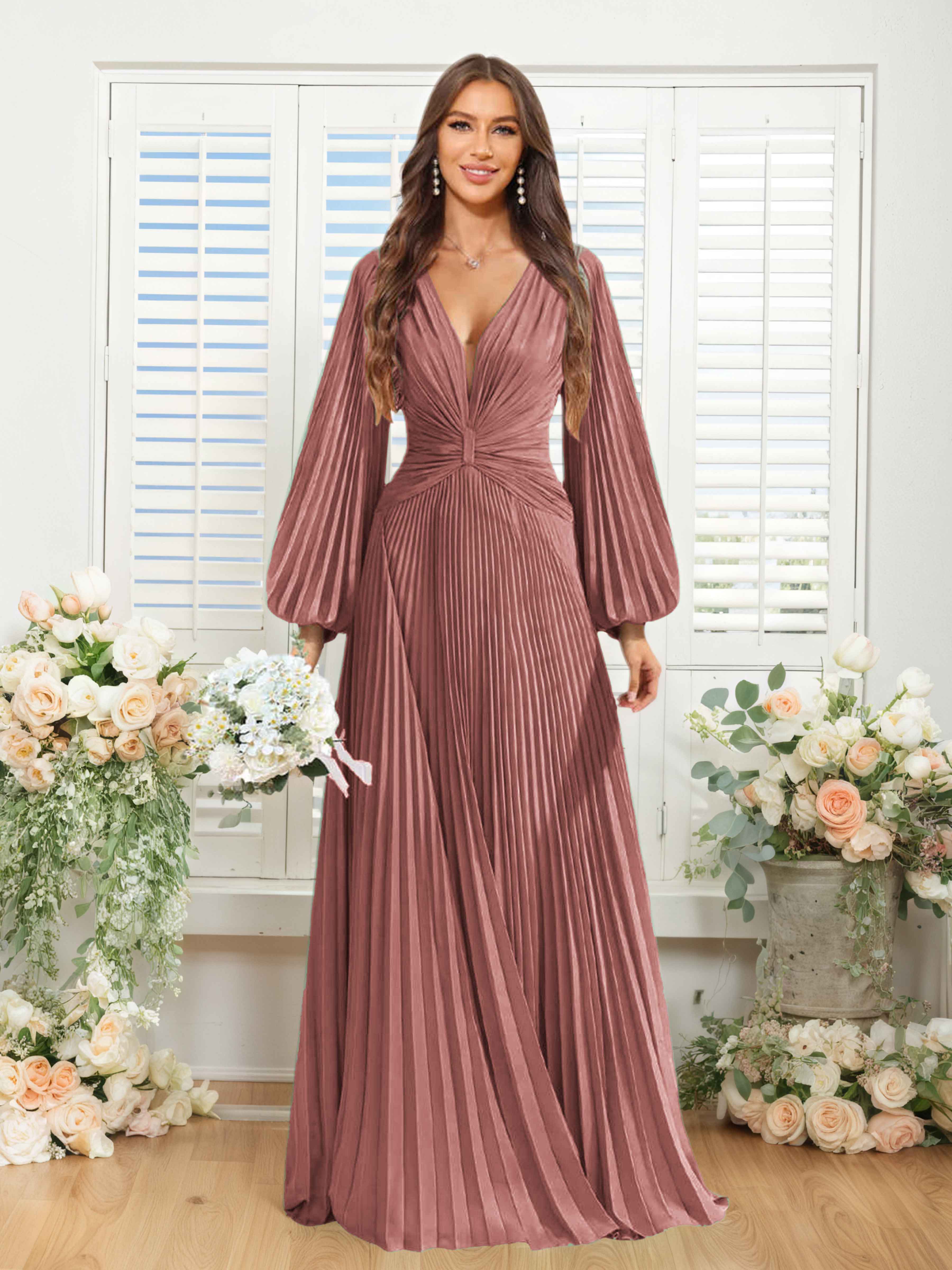 Robes De Demoiselle D'Honneur En Mousseline À Col V Ruché Longue Nerys
