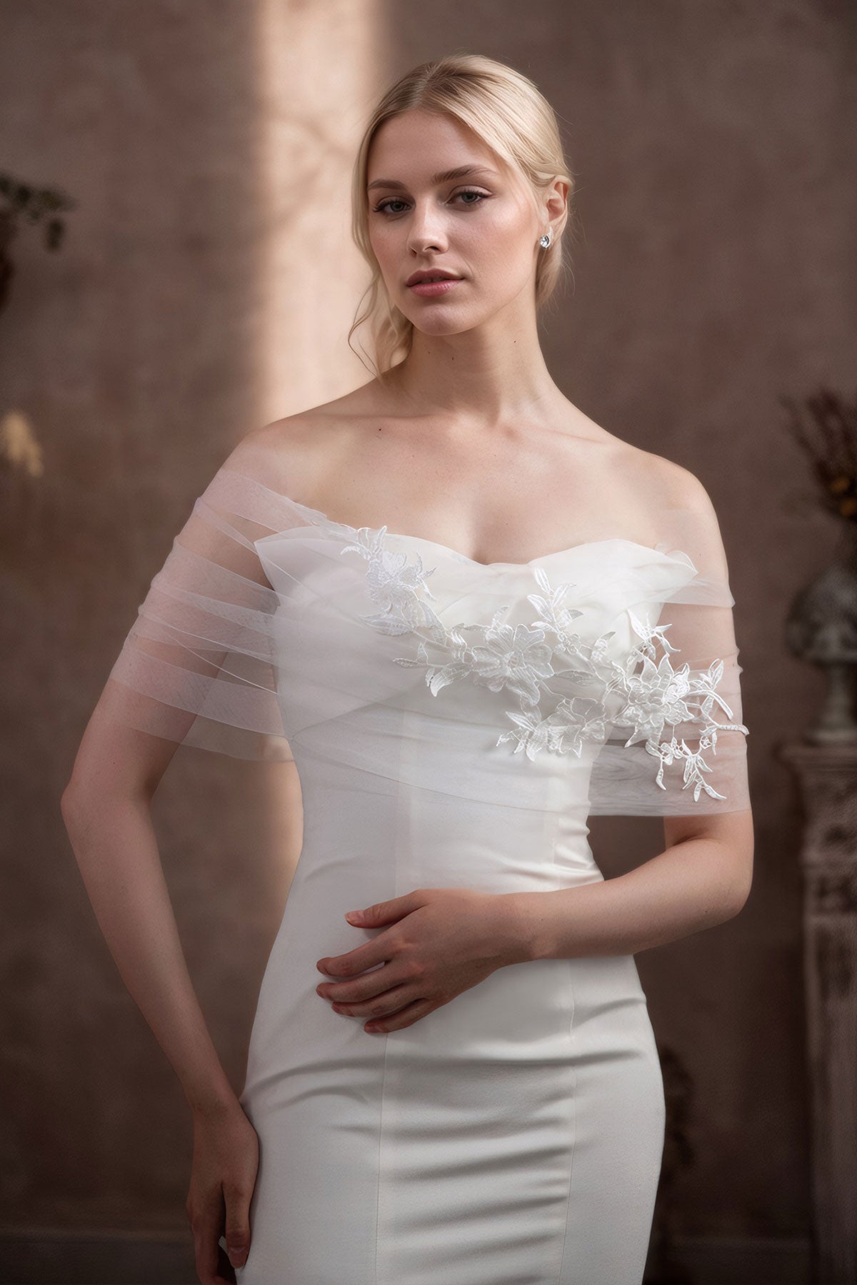 Étole De Mariée En Tulle Avec Appliqués Floraux