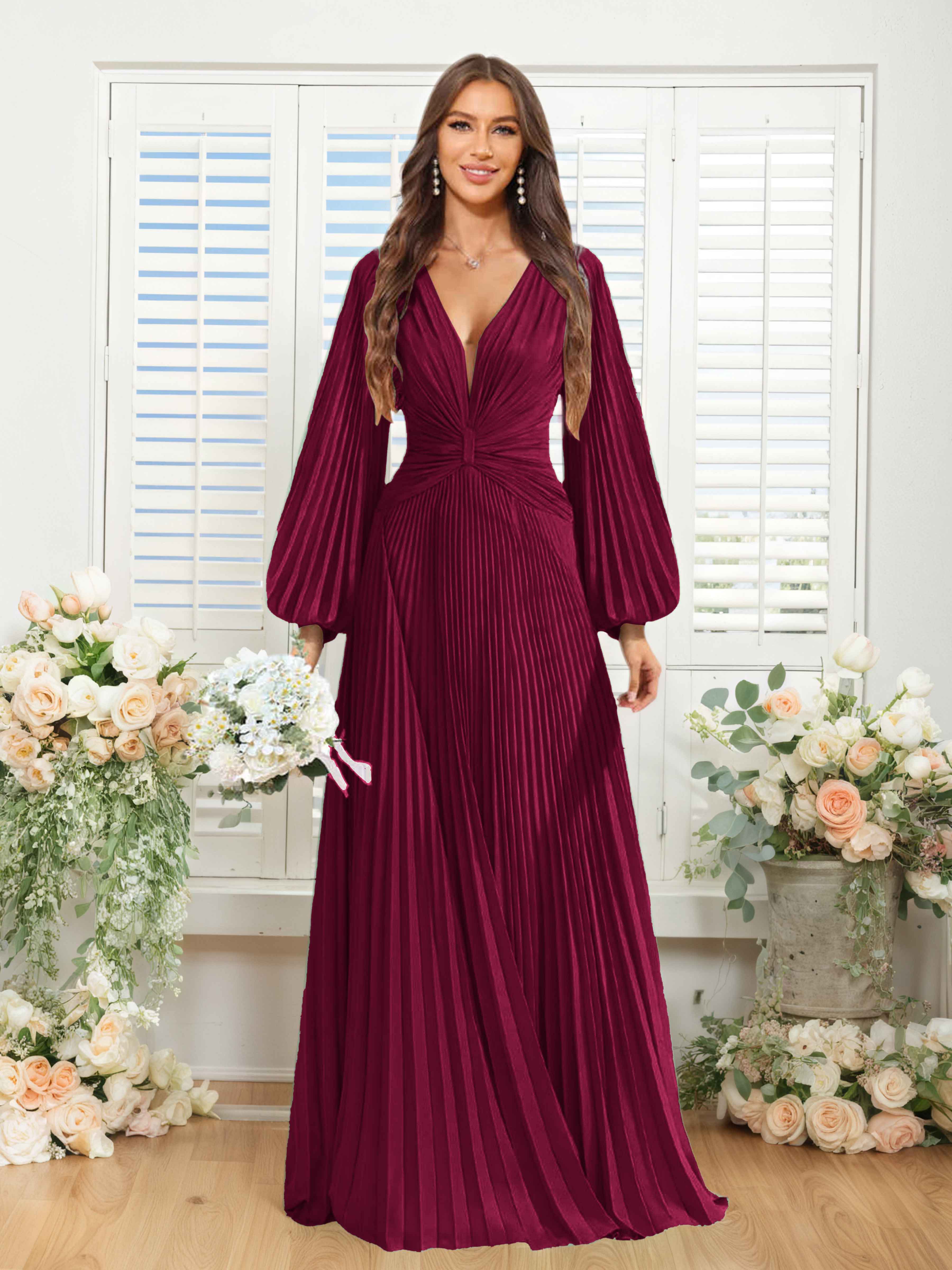 Robes De Demoiselle D'Honneur En Mousseline À Col V Ruché Longue Nerys