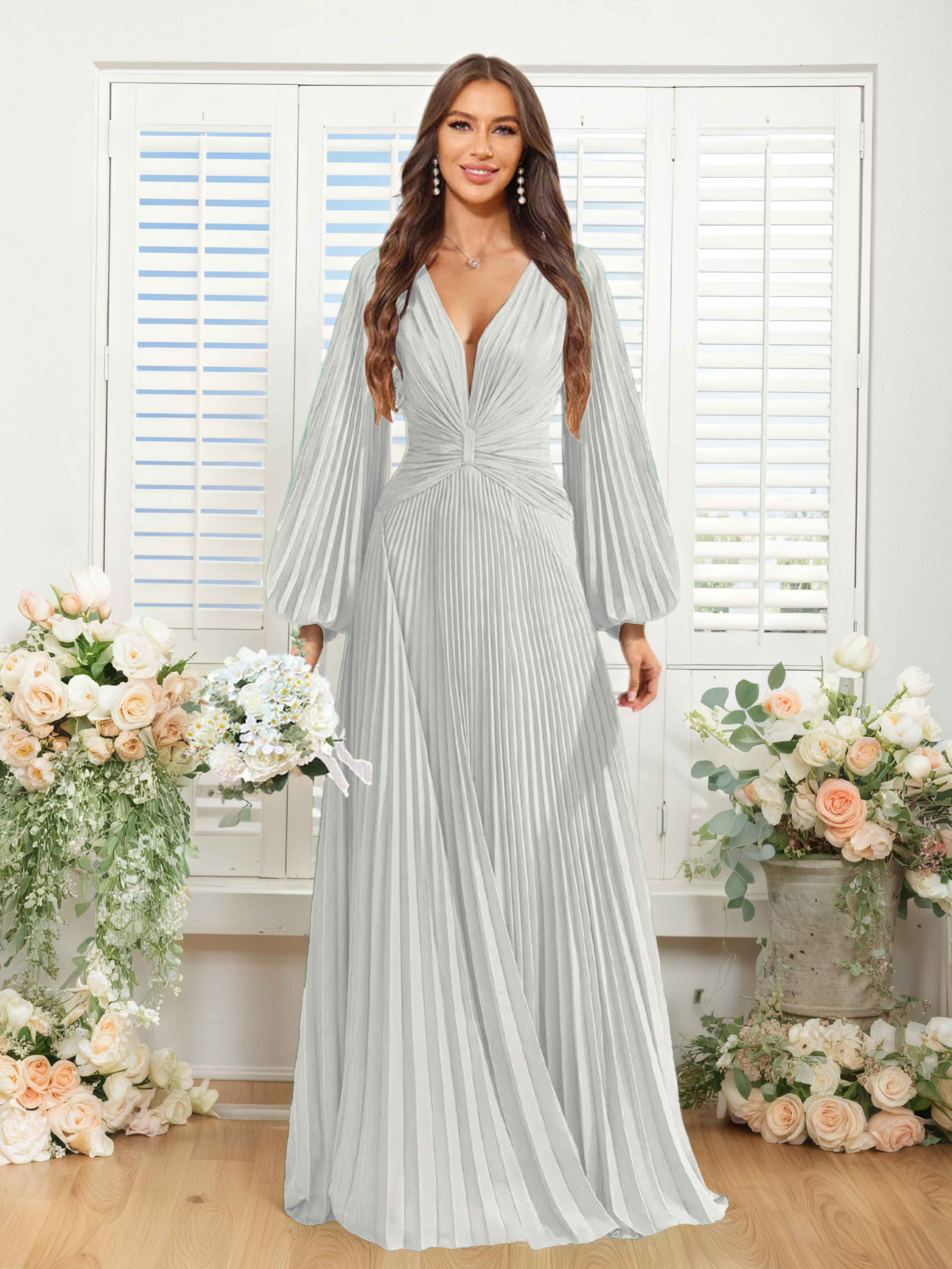 Robes De Demoiselle D'Honneur En Mousseline À Col V Ruché Longue Nerys
