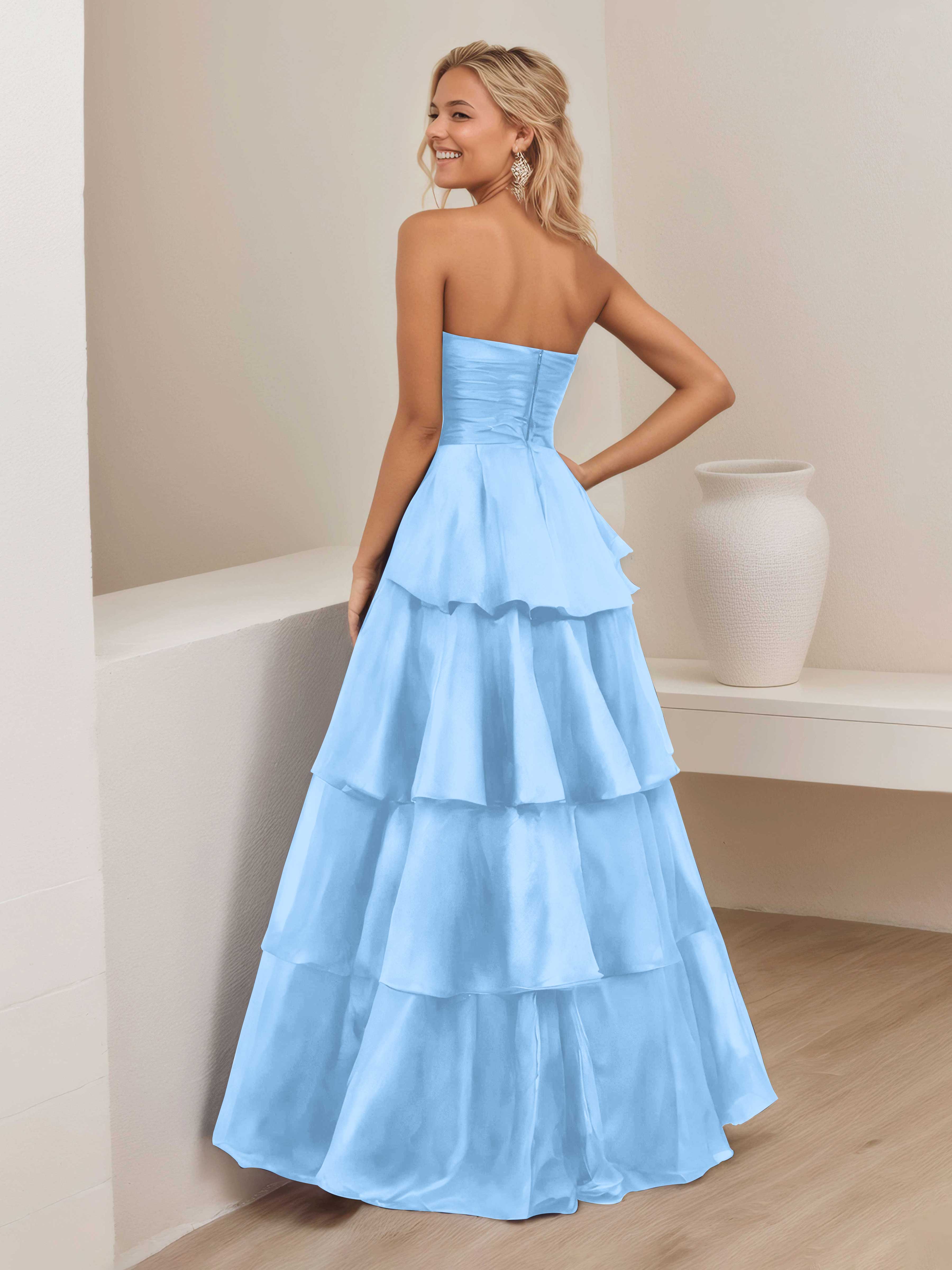 Robe De Soirée En Satin À Ruché Sans Bretelles Multicouche Ellianna