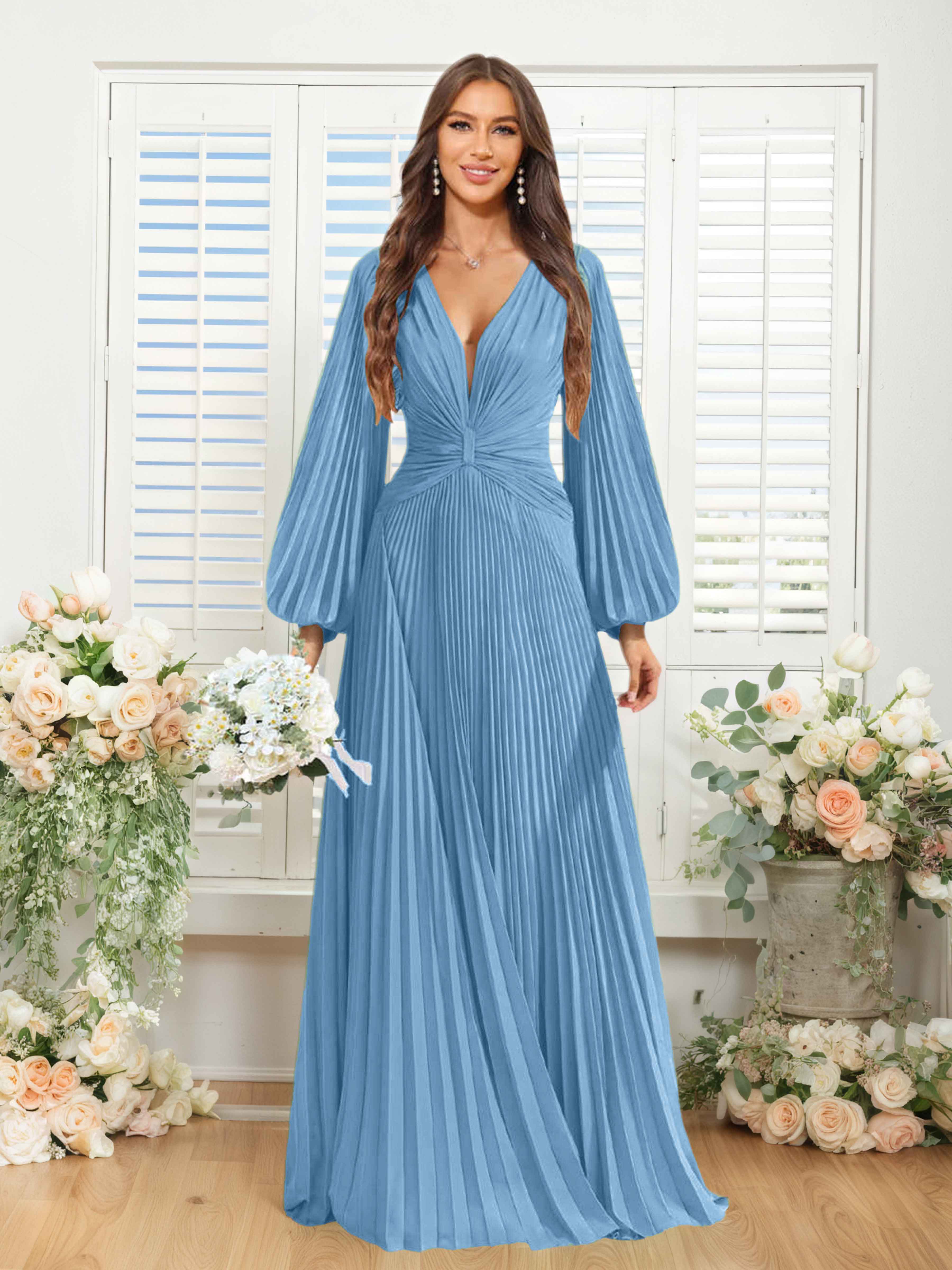 Robes De Demoiselle D'Honneur En Mousseline À Col V Ruché Longue Nerys
