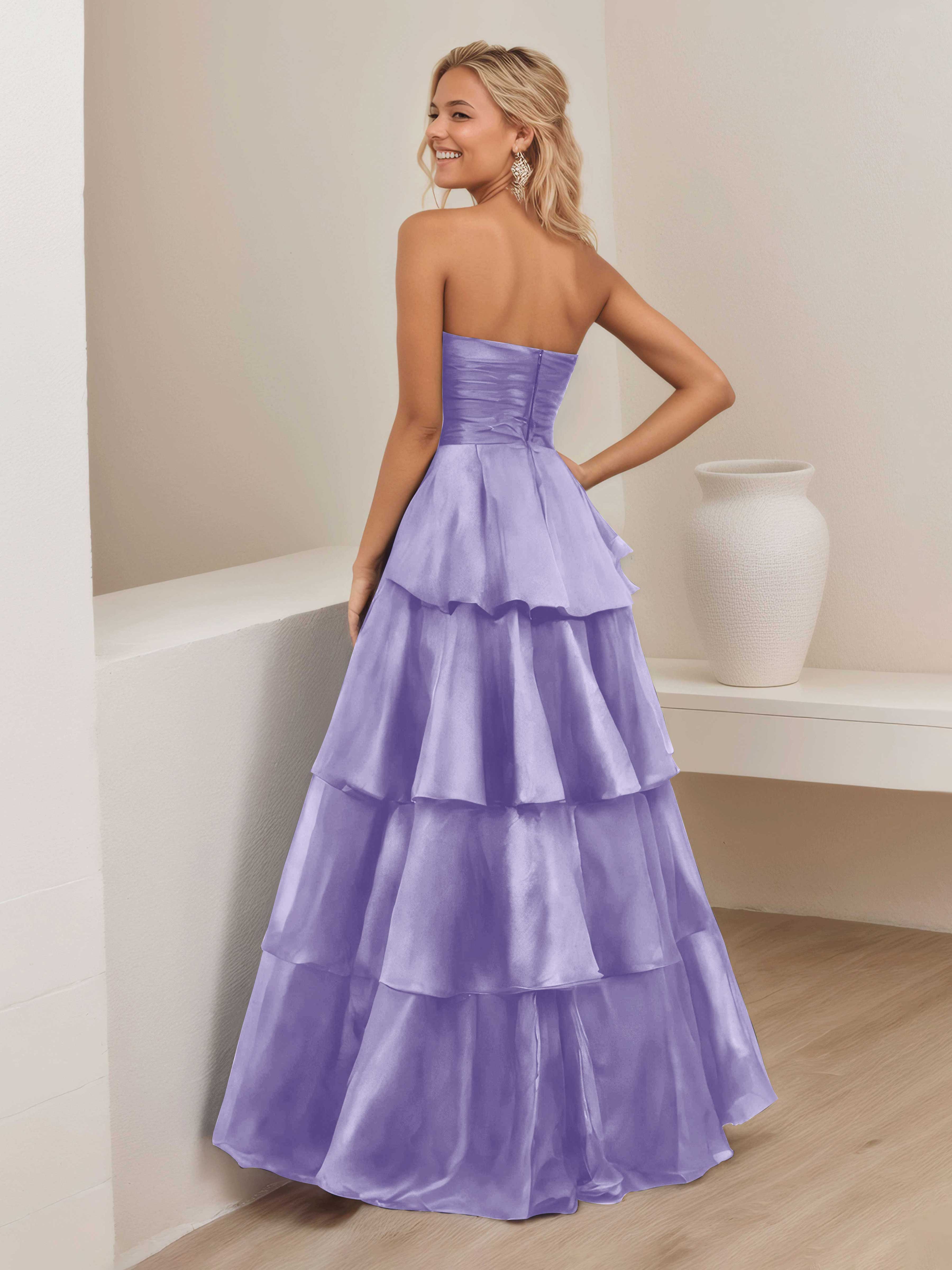 Robe De Soirée En Satin À Ruché Sans Bretelles Multicouche Ellianna