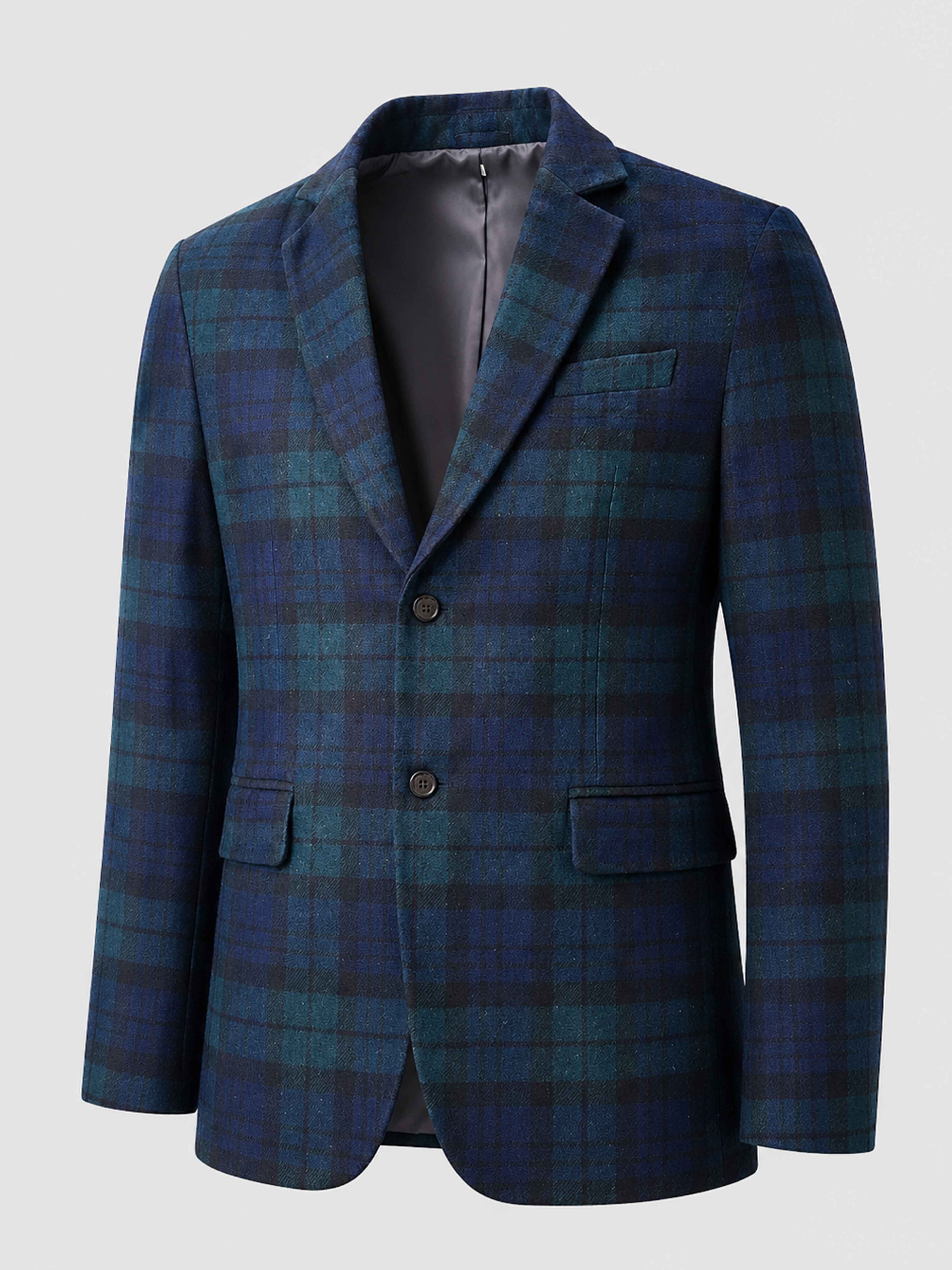 Costume Homme À Carreaux Bleu-Vert Ajusté Simple Boutonnage