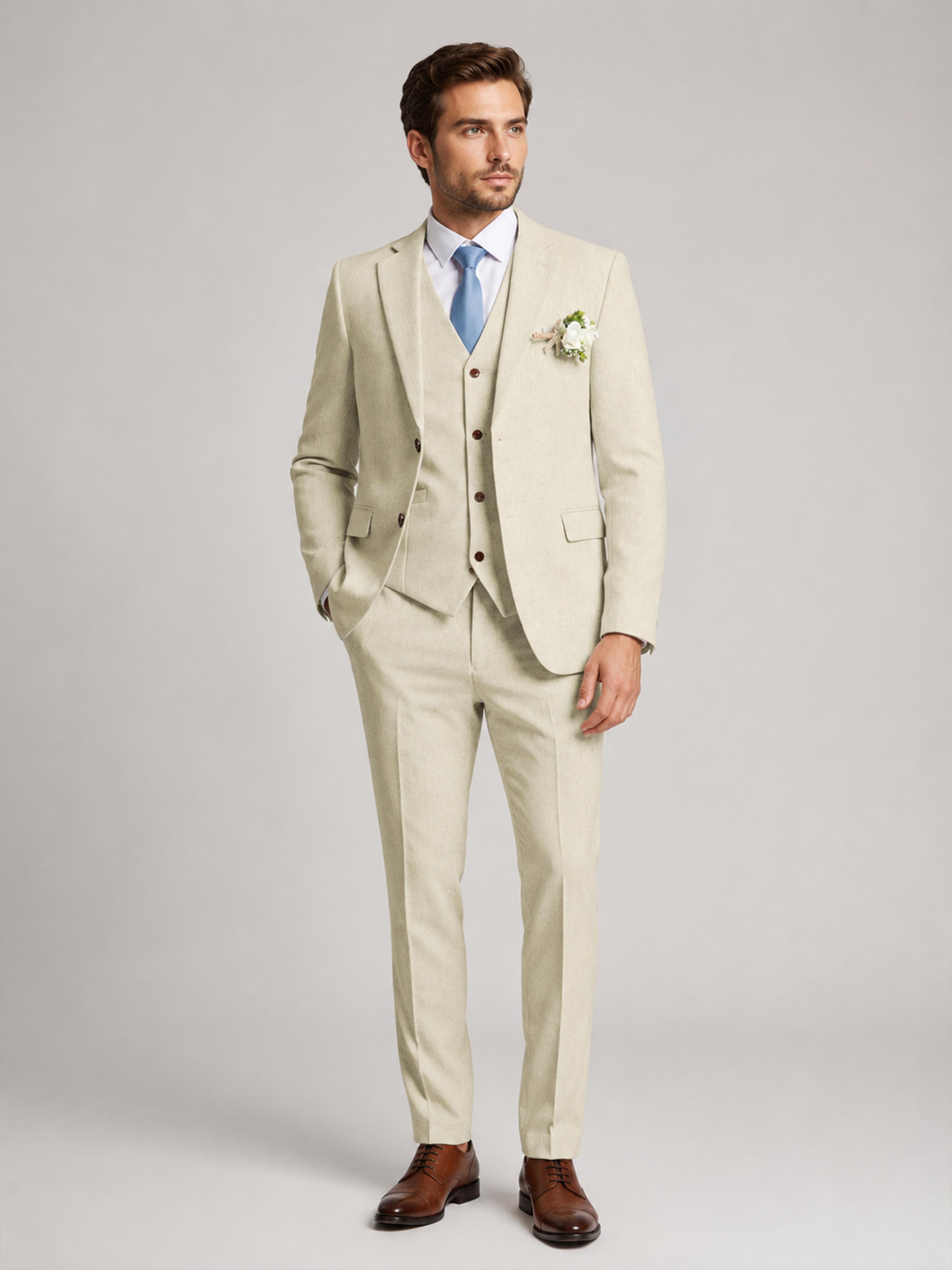 Costume Homme 3 Pièces En Lin À Occasionnel Coupe Ajustée Pour Mariage