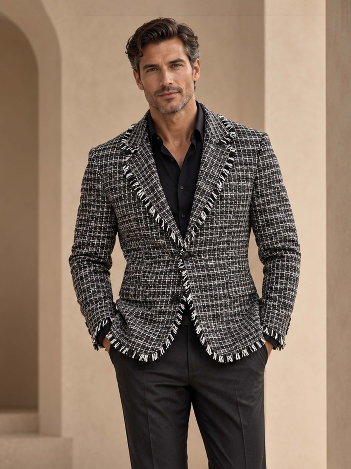 Costume Homme 2 Pièces En Tweed à Carreaux Avec Veste à Franges Et Pantalon