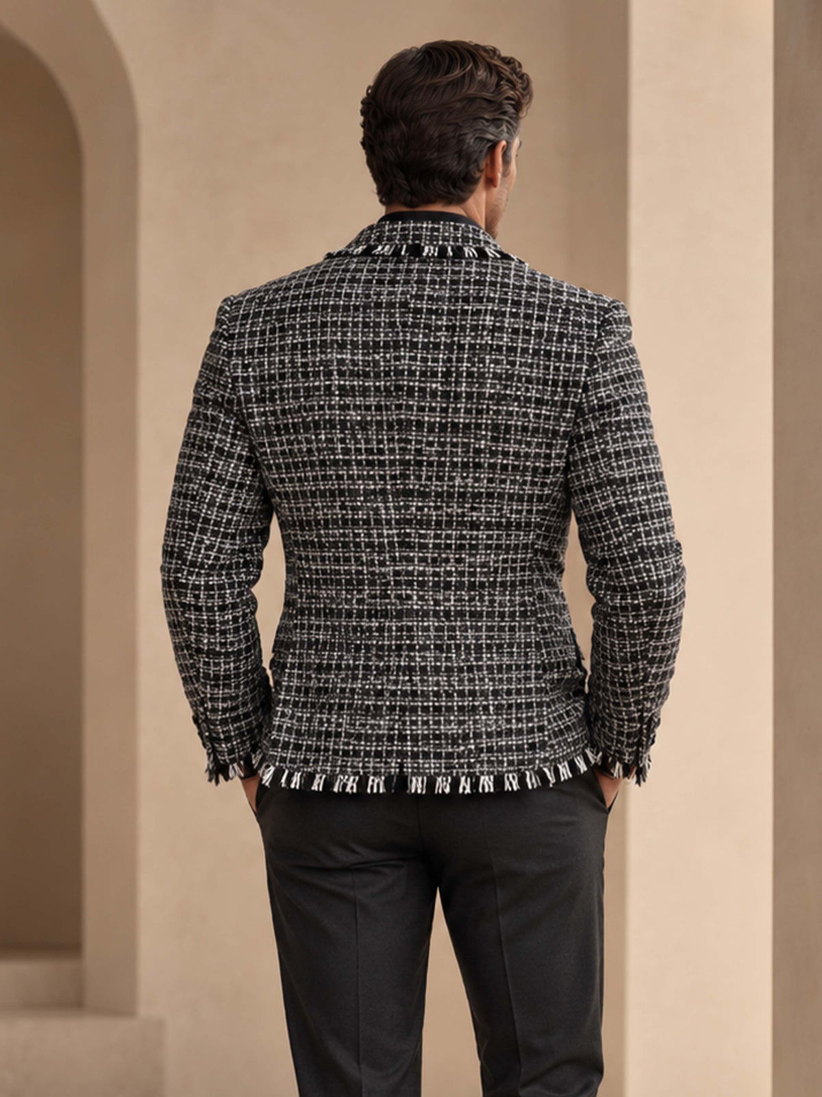 Costume Homme 2 Pièces En Tweed à Carreaux Avec Veste à Franges Et Pantalon