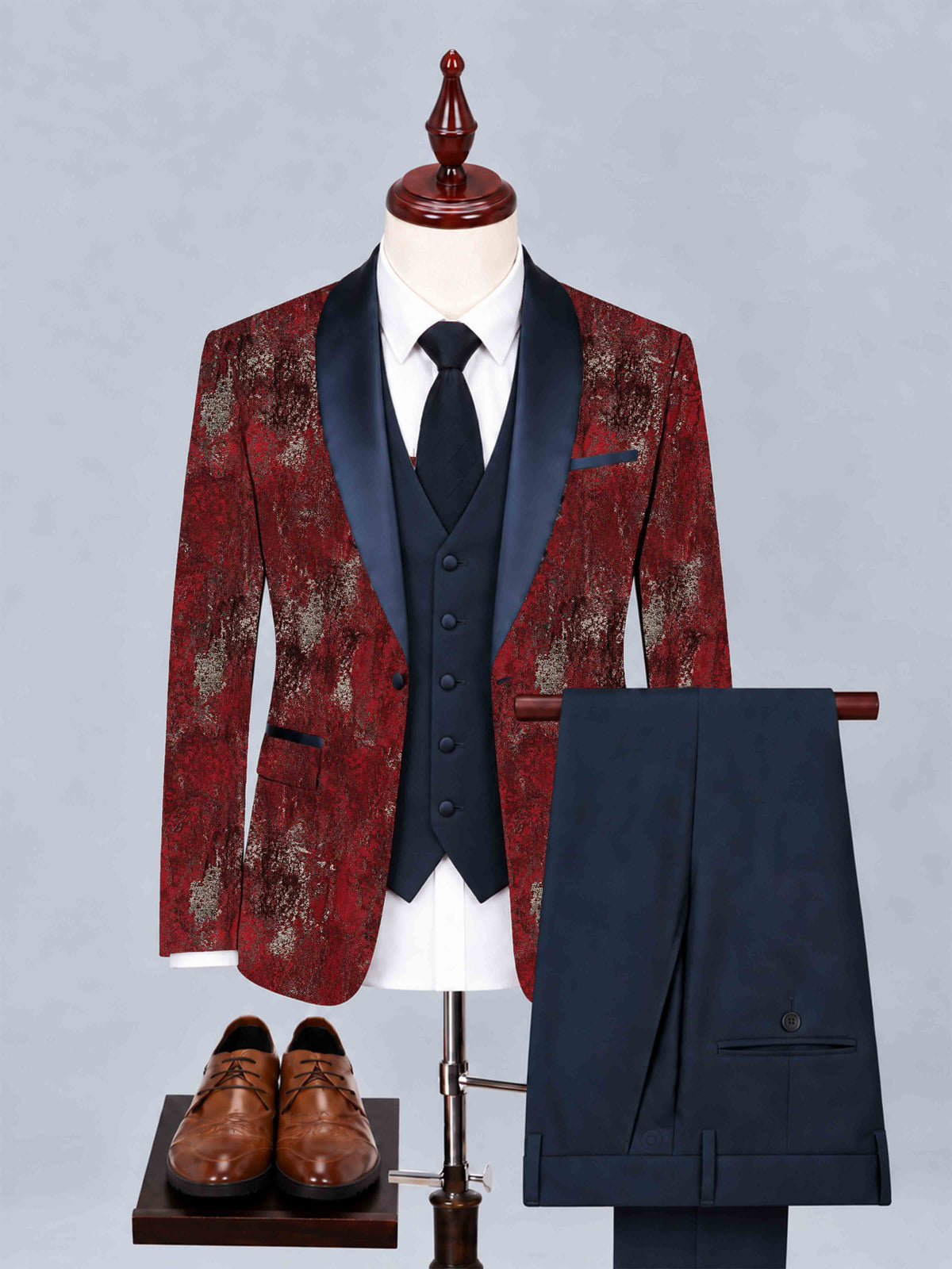 Costume Homme 3 Pièces En Jacquard Floral Baroque Avec Veste, Gilet Et Pantalon Pour Mariage