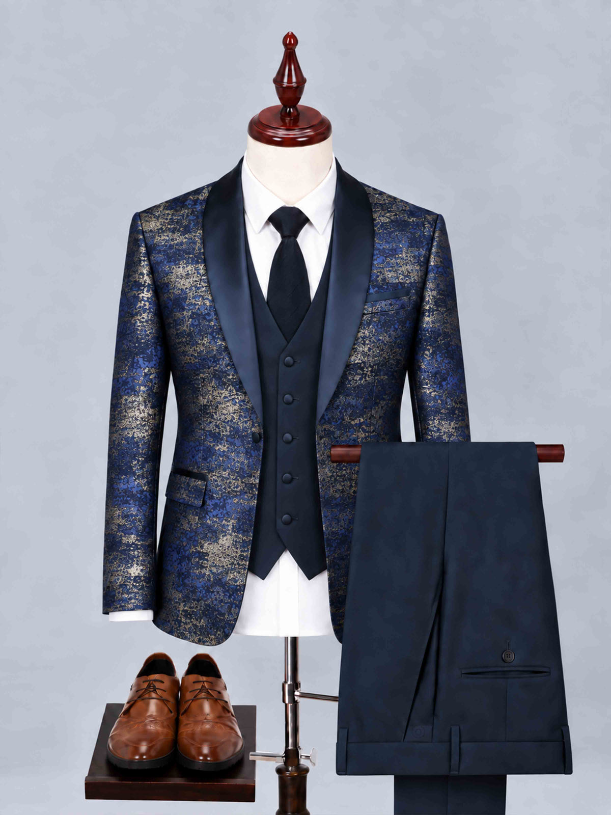 Costume Homme 3 Pièces En Jacquard Floral Baroque Avec Veste, Gilet Et Pantalon Pour Mariage