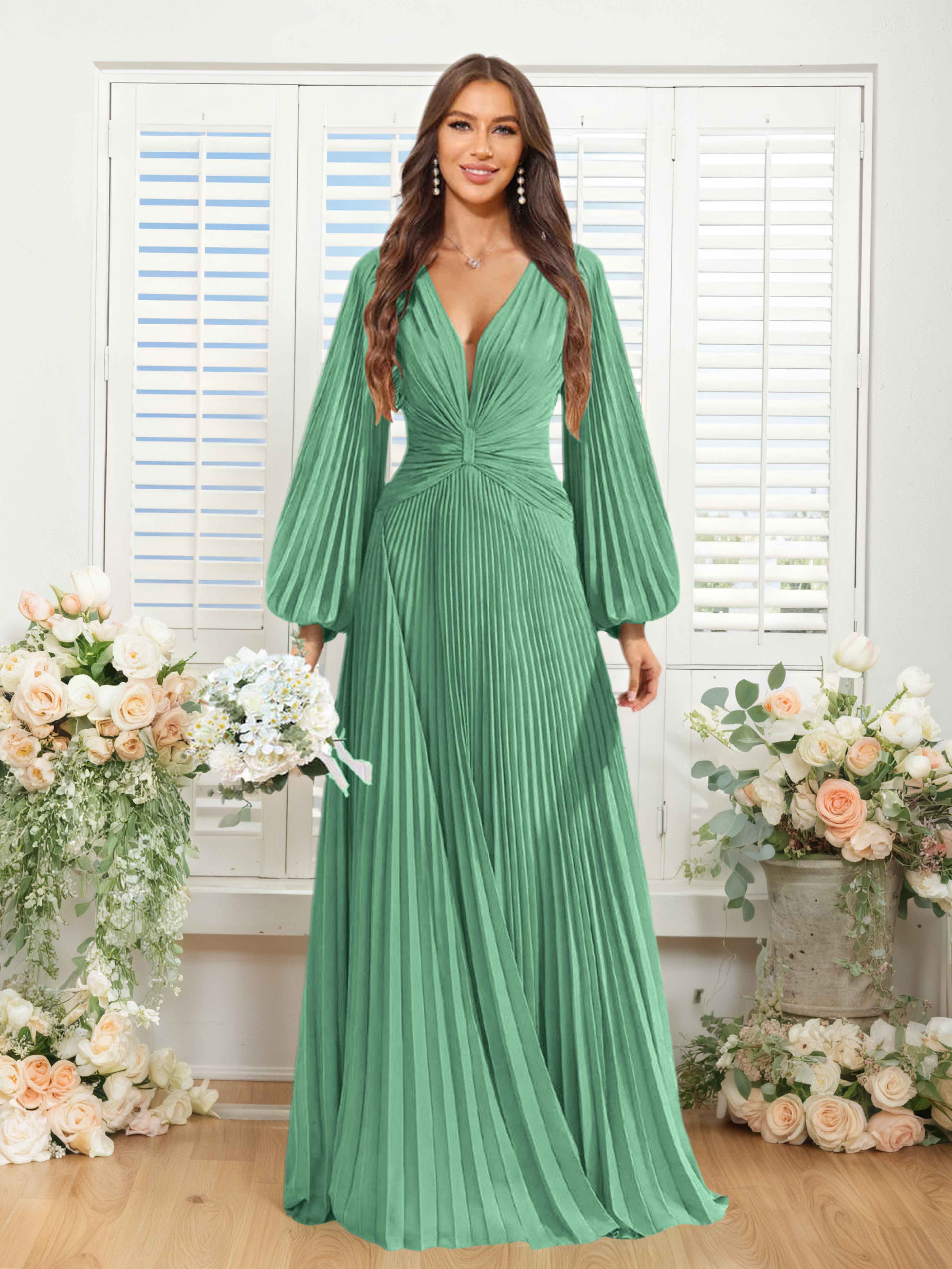 Robes De Demoiselle D'Honneur En Mousseline À Col V Ruché Longue Nerys