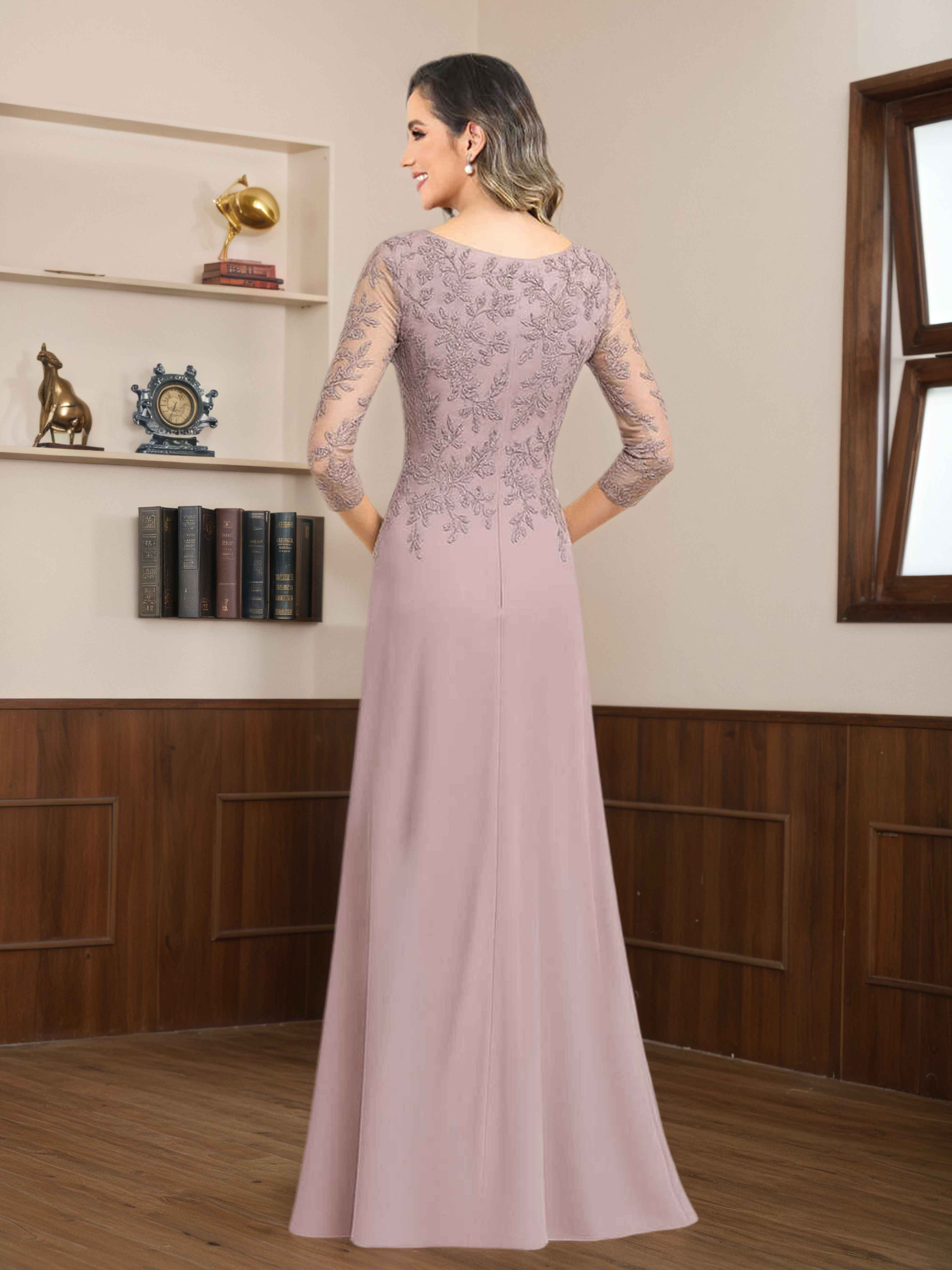 Robes Mère De La Mariée En Mousseline À Dentelle Appliqués Demi Manches Mireya