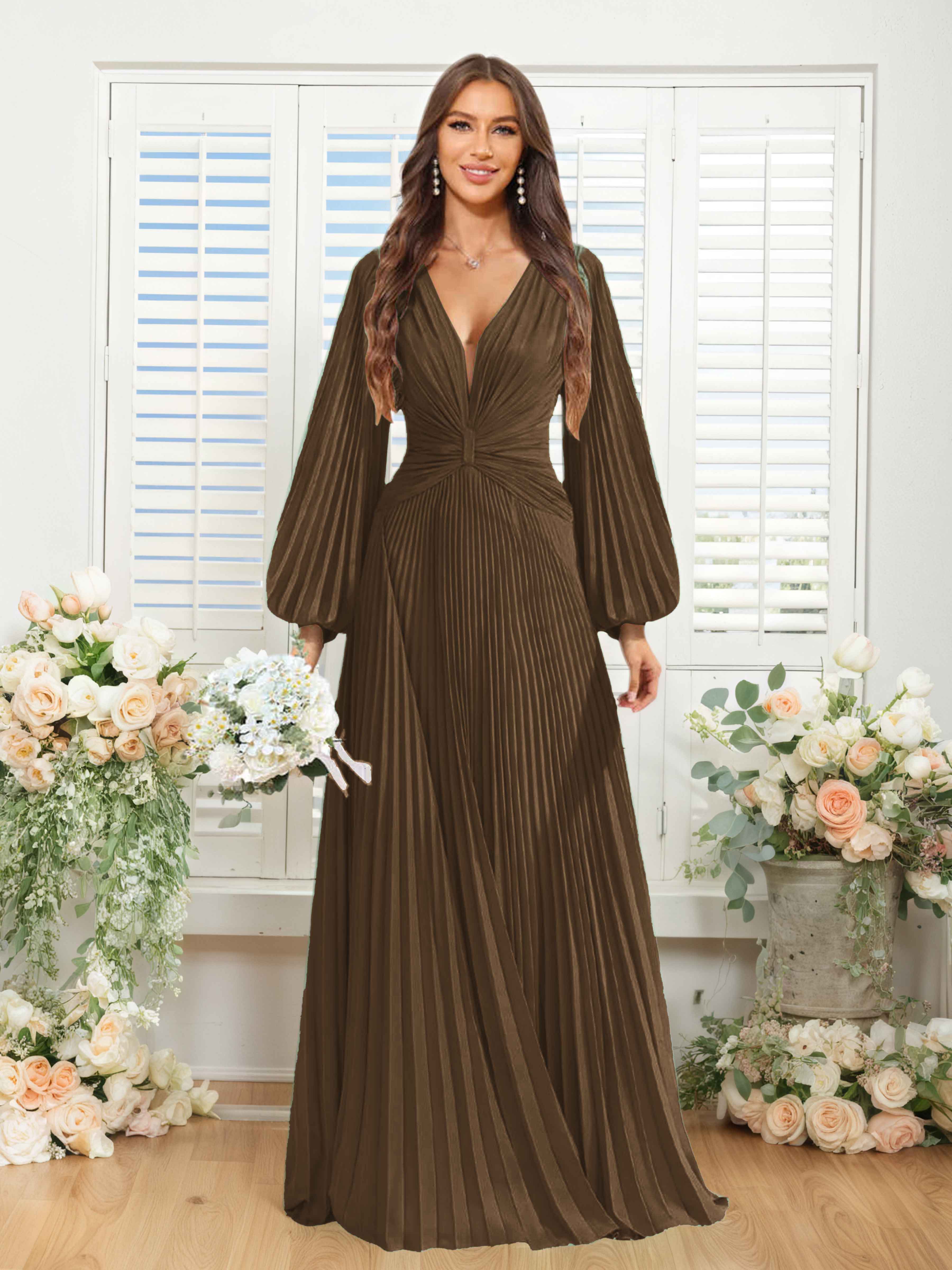 Robes De Demoiselle D'Honneur En Mousseline À Col V Ruché Longue Nerys