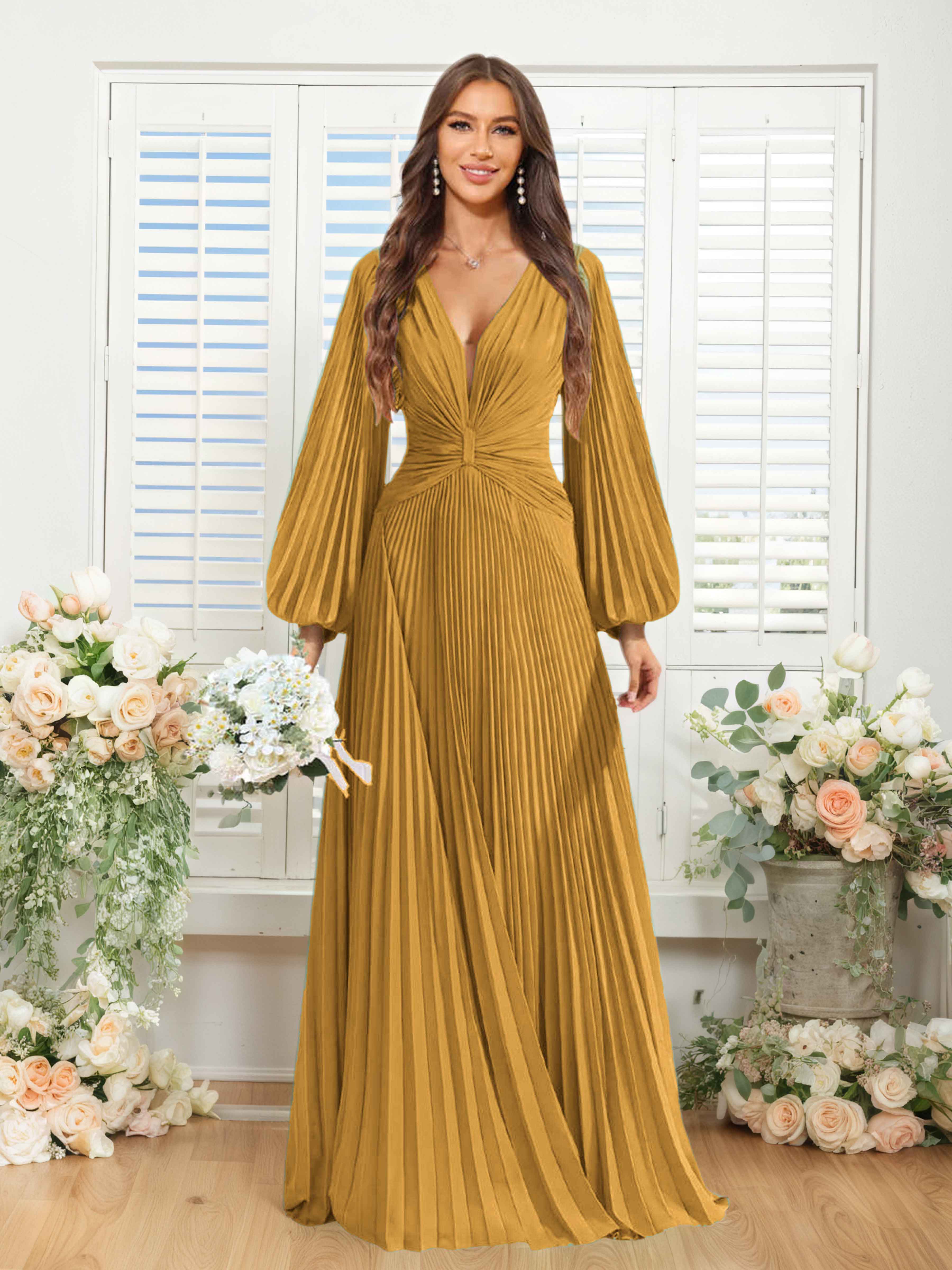Robes De Demoiselle D'Honneur En Mousseline À Col V Ruché Longue Nerys