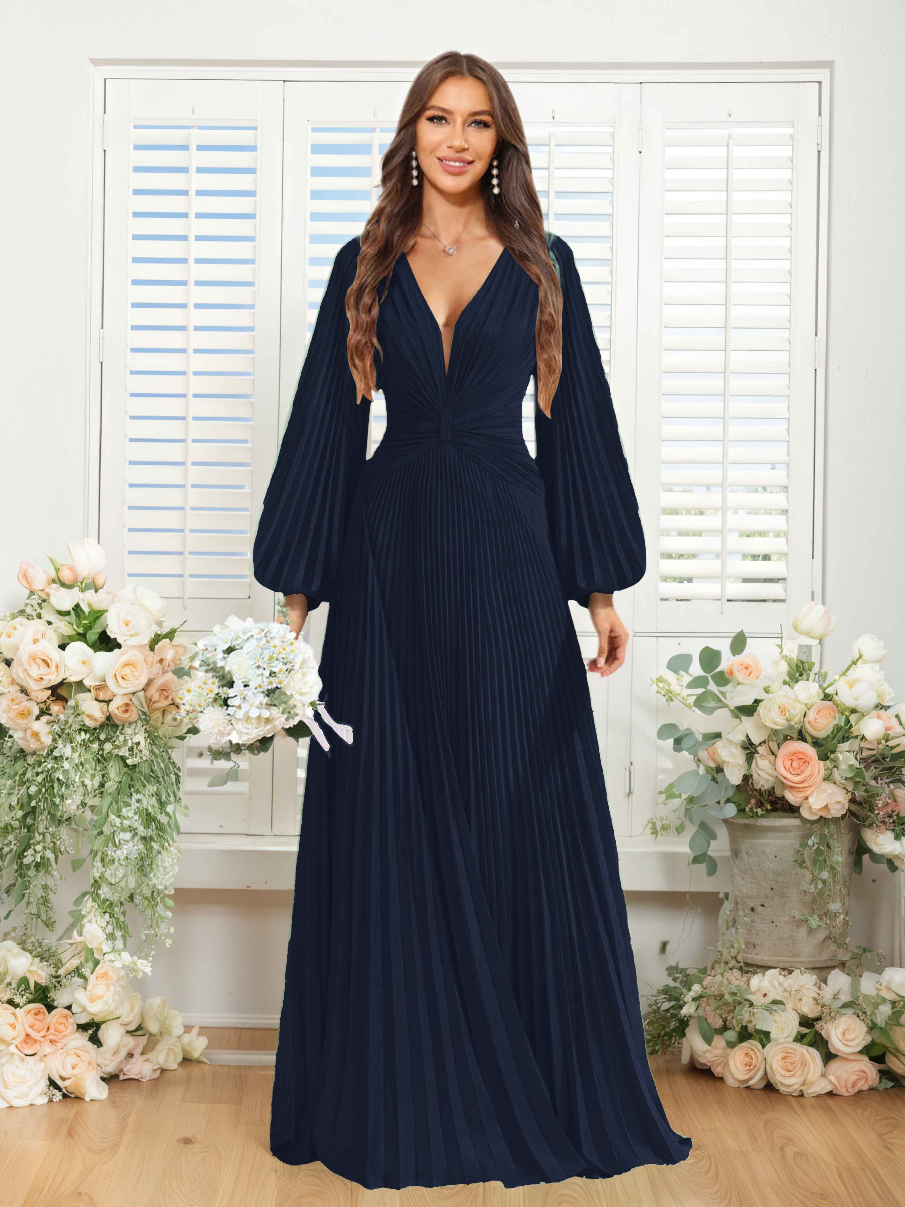 Robes De Demoiselle D'Honneur En Mousseline À Col V Ruché Longue Nerys