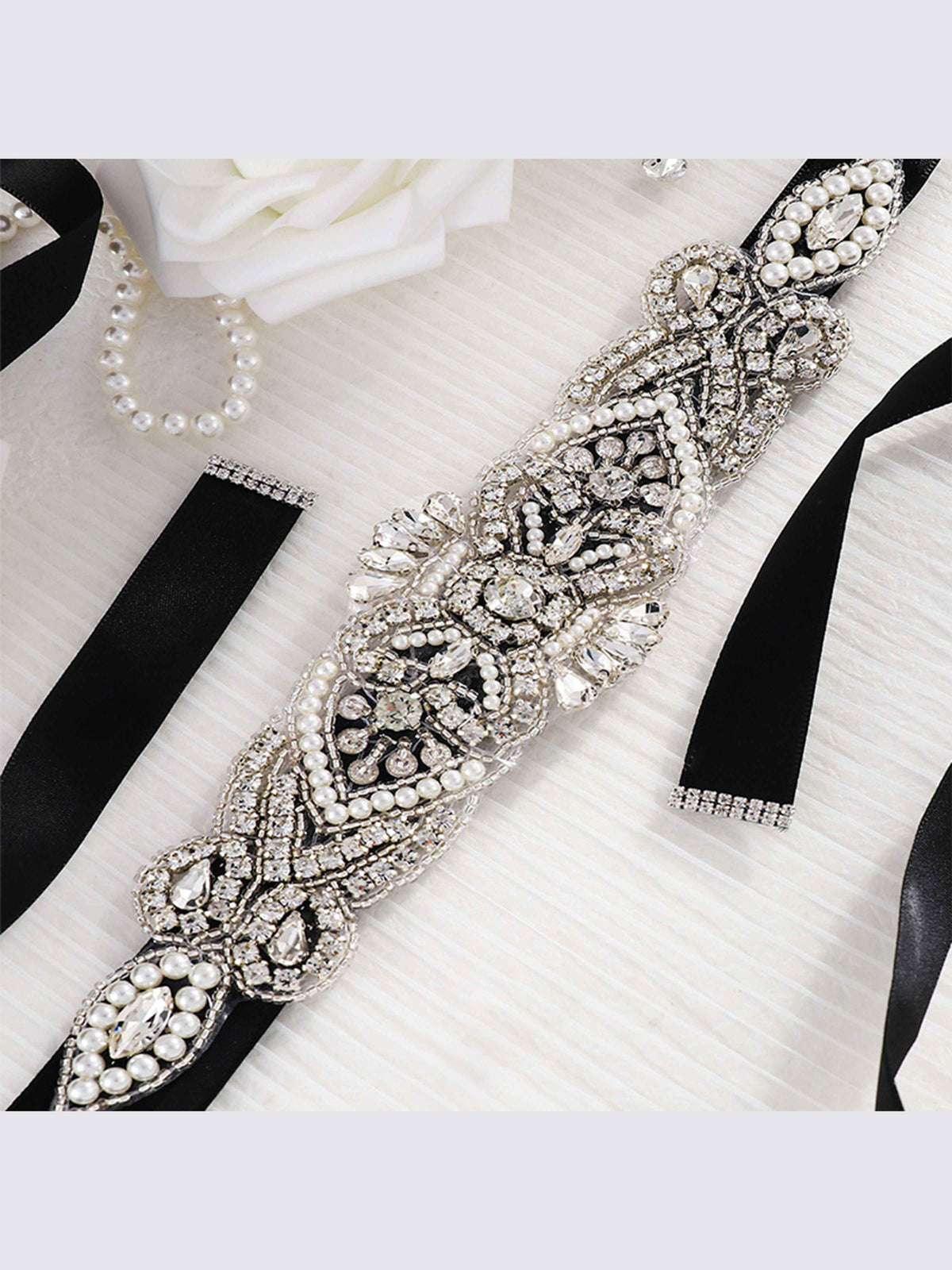 Ceinture Ruban Luxueuse Style Vintage, Cristaux Et Perles