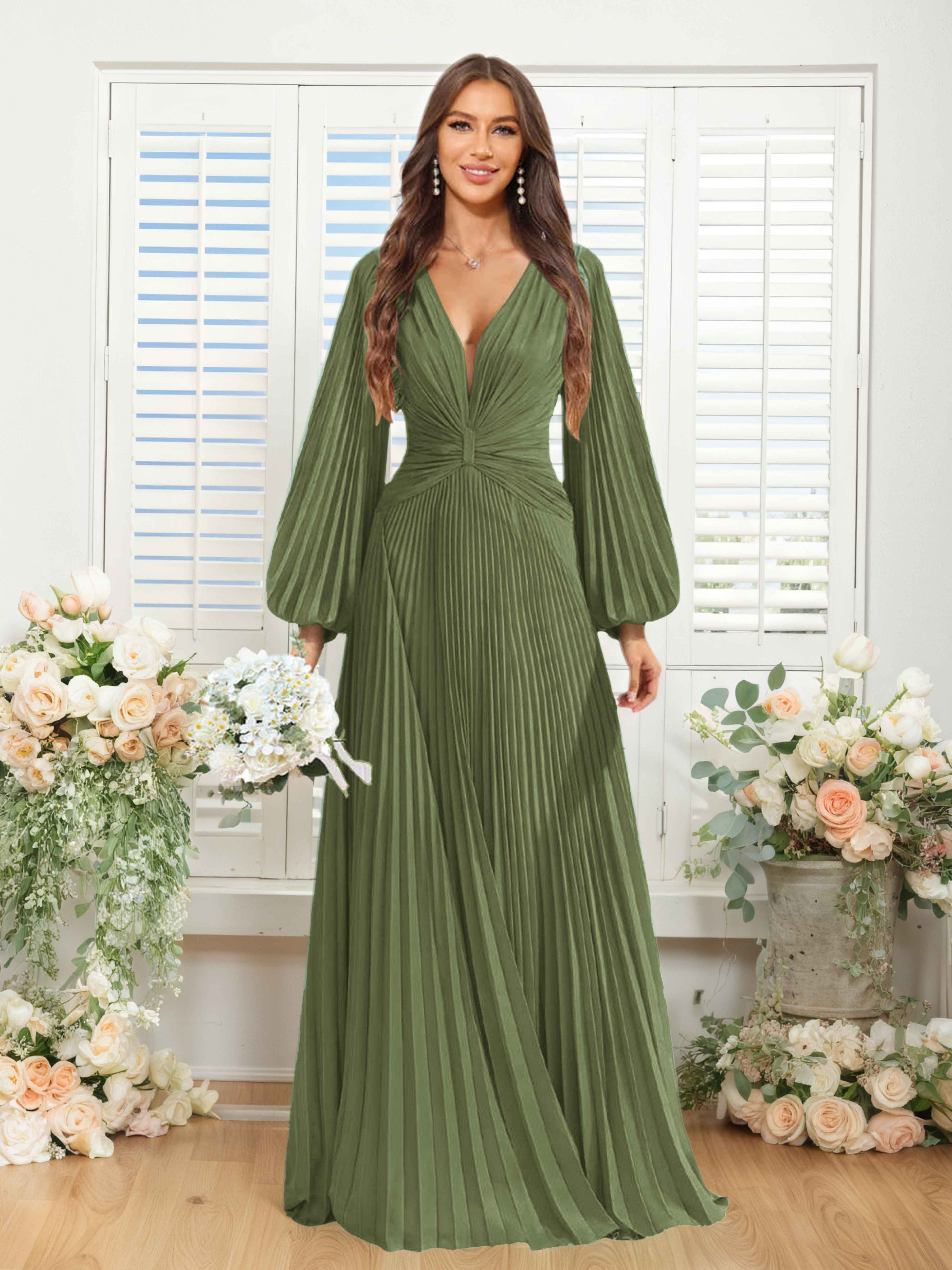 Robes De Demoiselle D'Honneur En Mousseline À Col V Ruché Longue Nerys